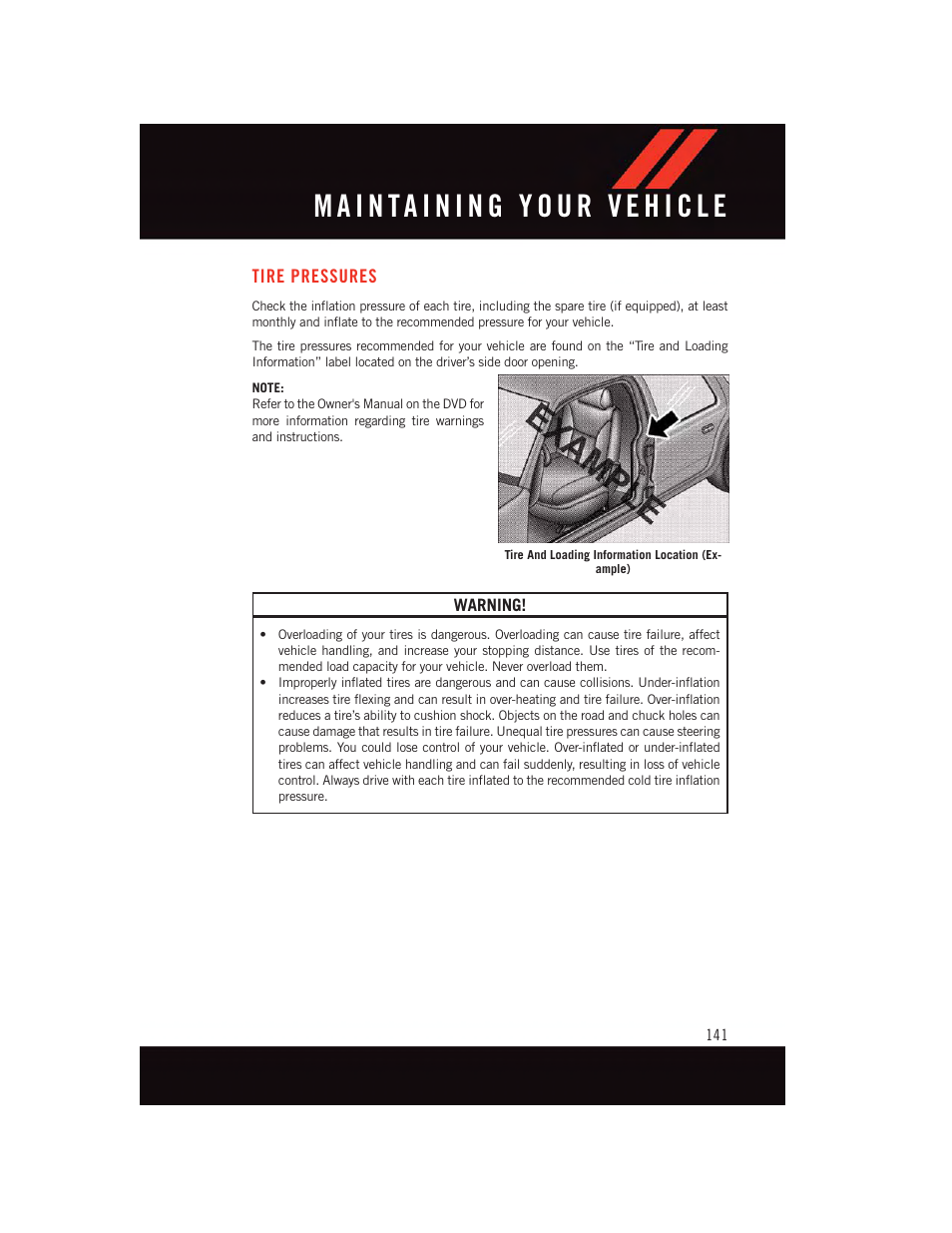 Tire pressures | Dodge 2015 Dart - User Guide User Manual | Page 143 / 164