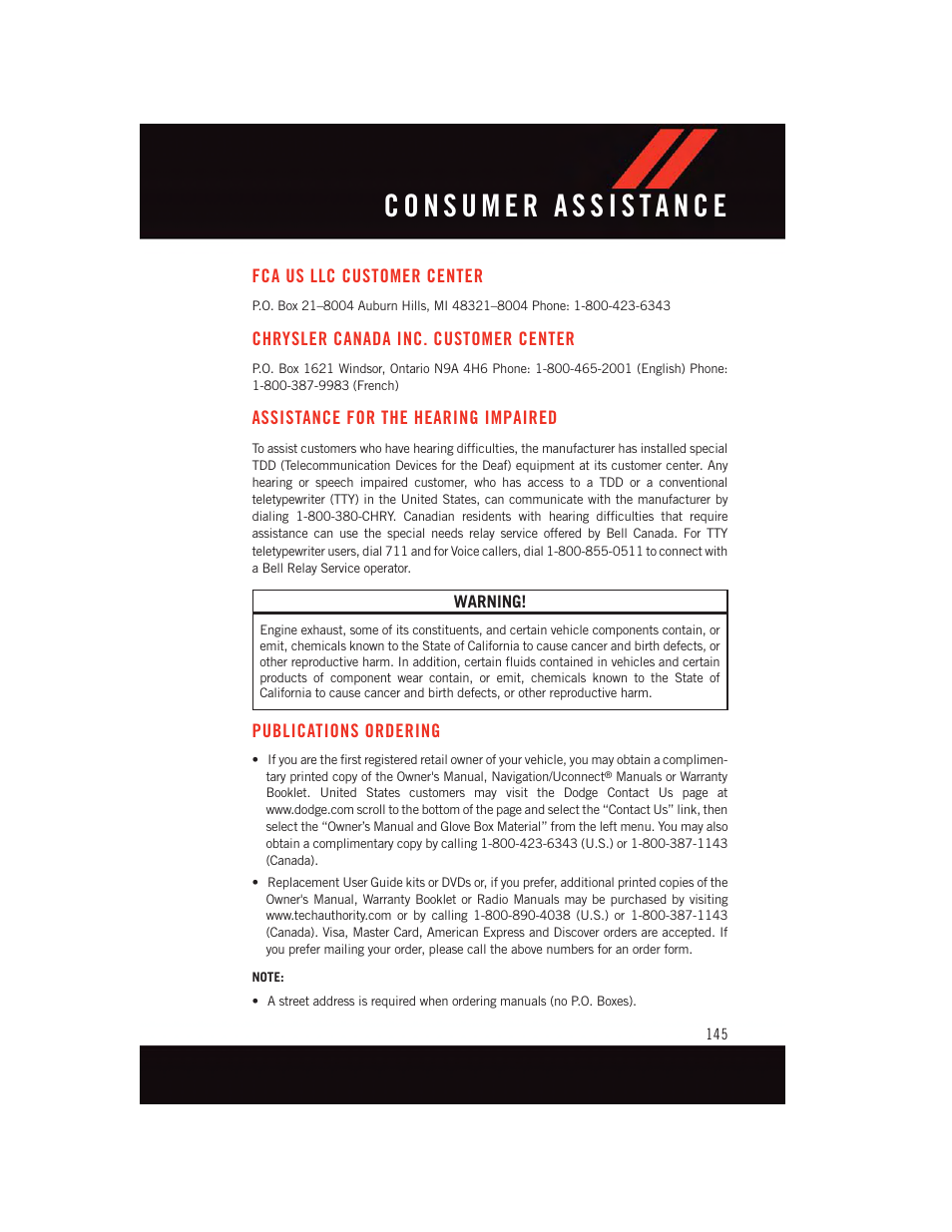 Consumer assistance, Fca us llc customer center, Chrysler canada inc. customer center | Assistance for the hearing impaired, Publications ordering, Chrysler canada inc. customer, Center, Assistance for the hearing, Impaired | Dodge 2015 Dart - User Guide User Manual | Page 147 / 164