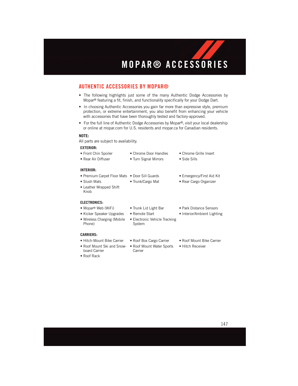 Mopar® accessories, Authentic accessories by mopar | Dodge 2015 Dart - User Guide User Manual | Page 149 / 164