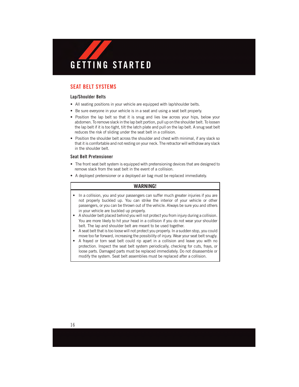 Seat belt systems, Lap/shoulder belts, Seat belt pretensioner | Dodge 2015 Dart - User Guide User Manual | Page 18 / 164