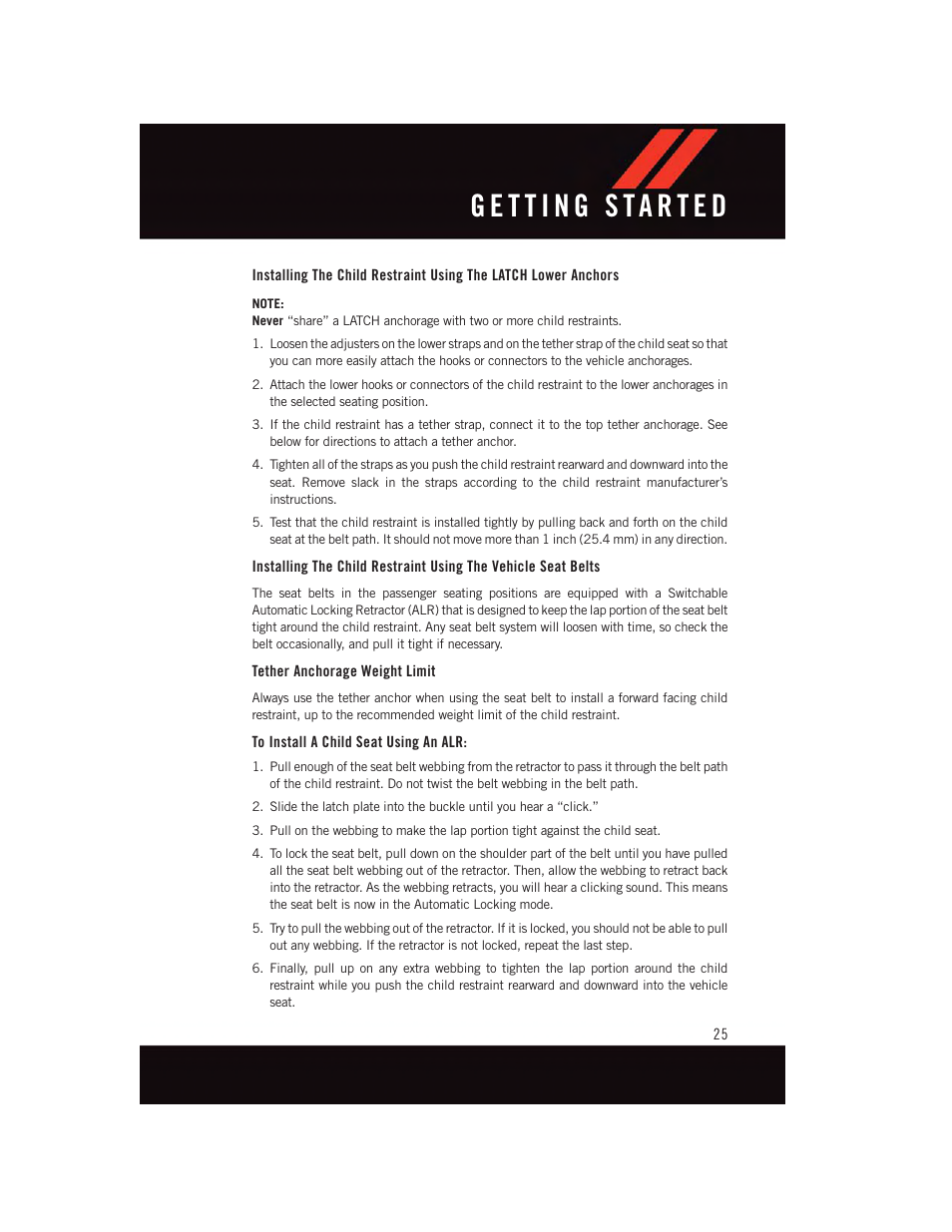Tether anchorage weight limit, To install a child seat using an alr | Dodge 2015 Dart - User Guide User Manual | Page 27 / 164