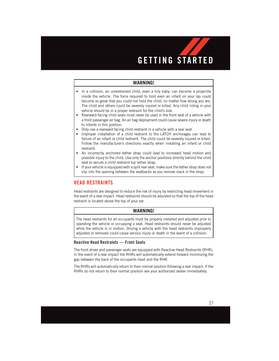 Head restraints, Reactive head restraints — front seats | Dodge 2015 Dart - User Guide User Manual | Page 29 / 164