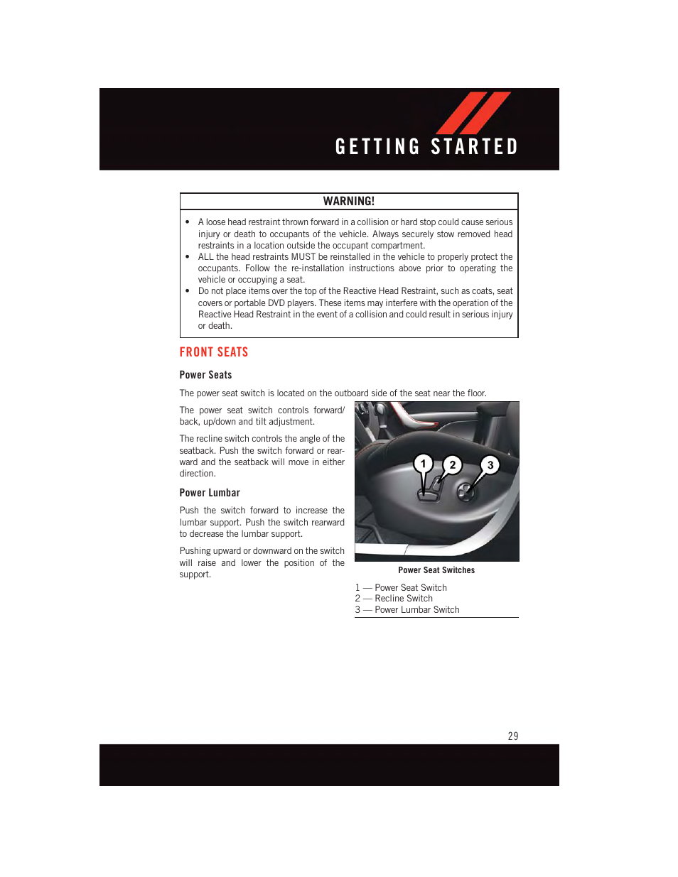 Front seats, Power seats, Power lumbar | Dodge 2015 Dart - User Guide User Manual | Page 31 / 164