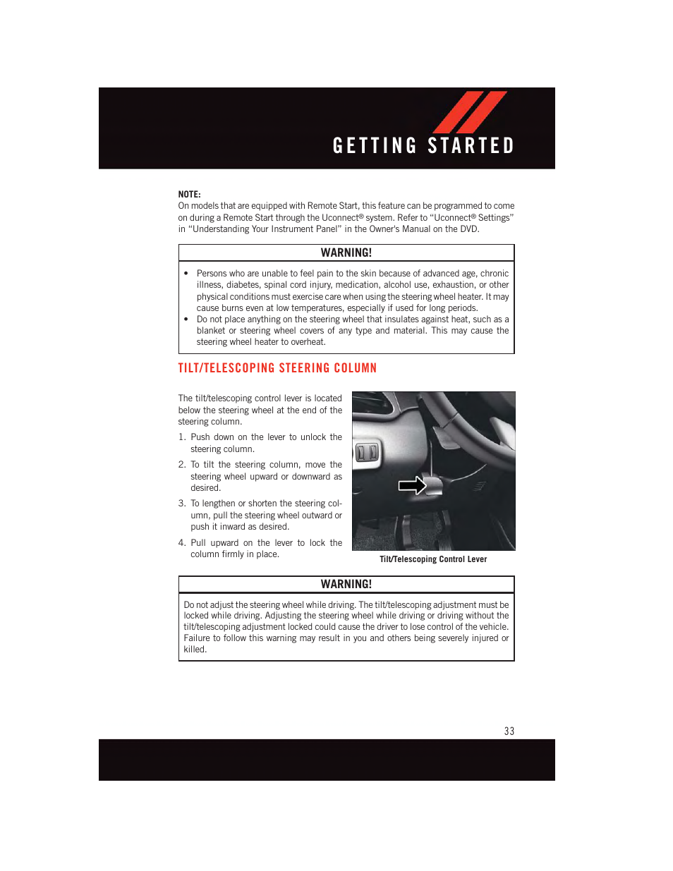 Tilt/telescoping steering column, Tilt/telescoping steering, Column | Dodge 2015 Dart - User Guide User Manual | Page 35 / 164