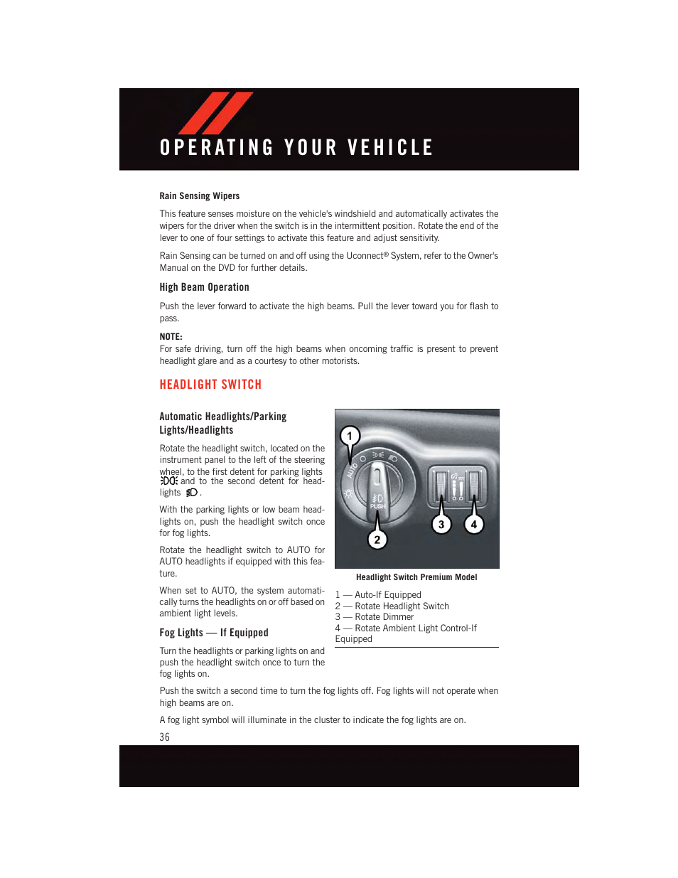 High beam operation, Headlight switch, Automatic headlights/parking lights/headlights | Fog lights — if equipped | Dodge 2015 Dart - User Guide User Manual | Page 38 / 164