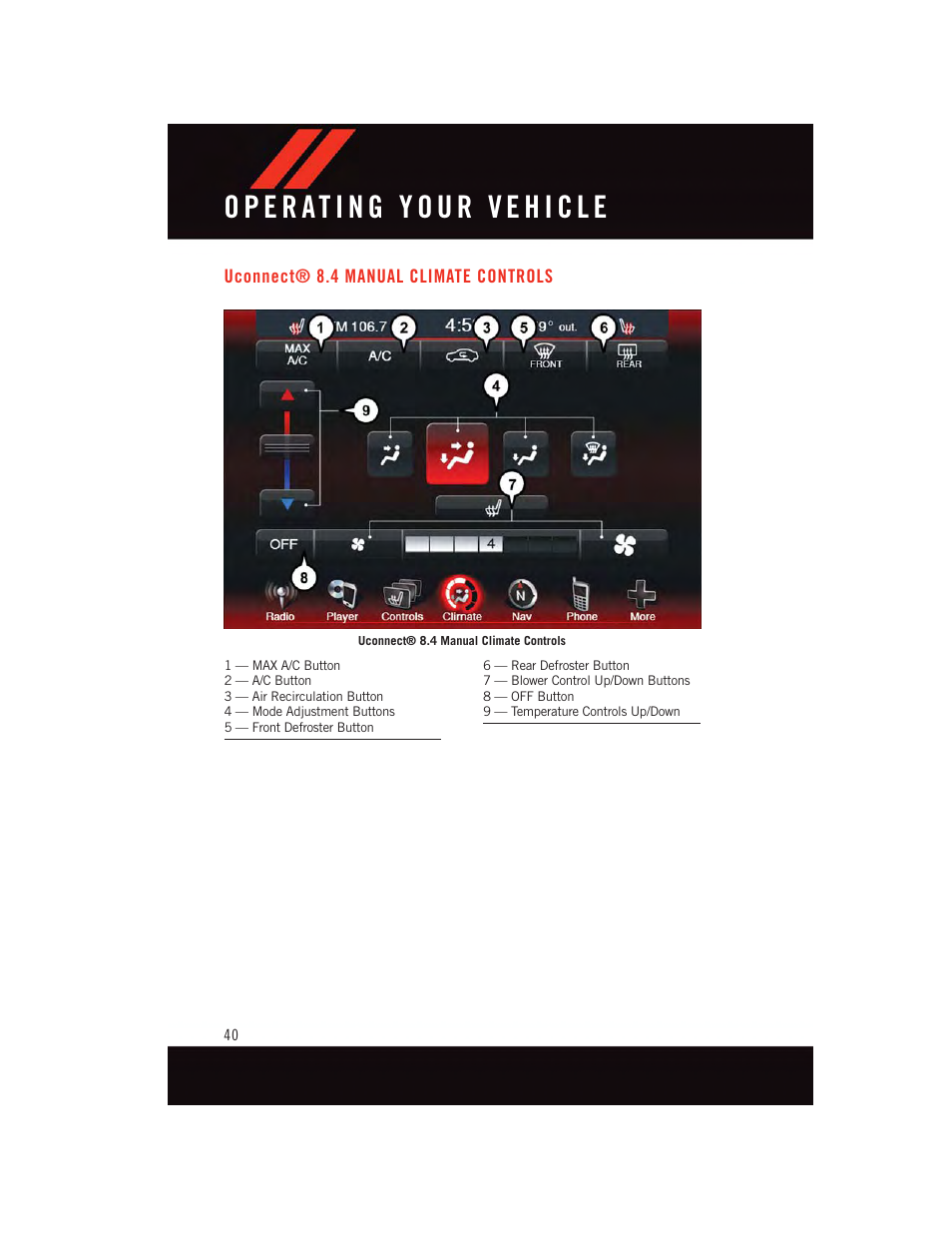 Uconnect® 8.4 manual climate controls, Uconnect, 4 manual climate | Controls | Dodge 2015 Dart - User Guide User Manual | Page 42 / 164