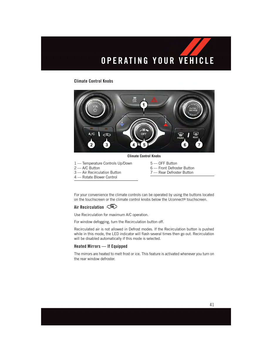 Climate control knobs, Air recirculation, Heated mirrors — if equipped | Dodge 2015 Dart - User Guide User Manual | Page 43 / 164