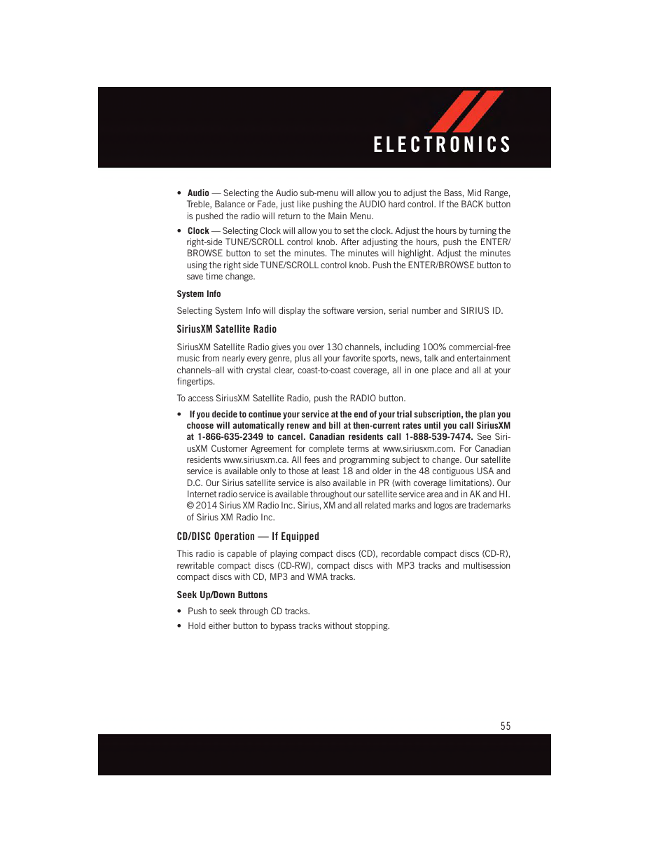 Siriusxm satellite radio, Cd/disc operation — if equipped | Dodge 2015 Dart - User Guide User Manual | Page 57 / 164