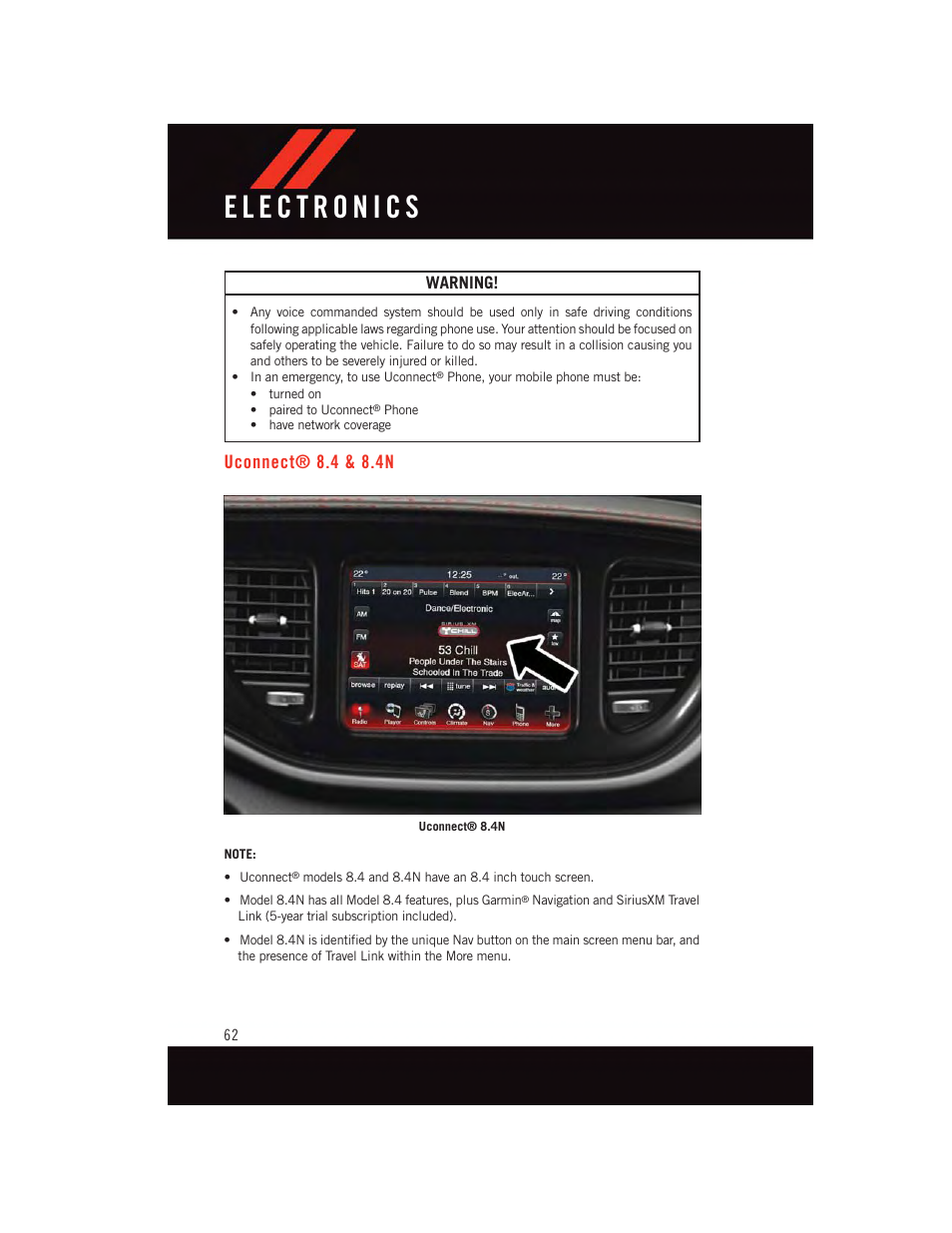 Uconnect® 8.4 & 8.4n, Uconnect, 4 & 8.4n | Warning | Dodge 2015 Dart - User Guide User Manual | Page 64 / 164