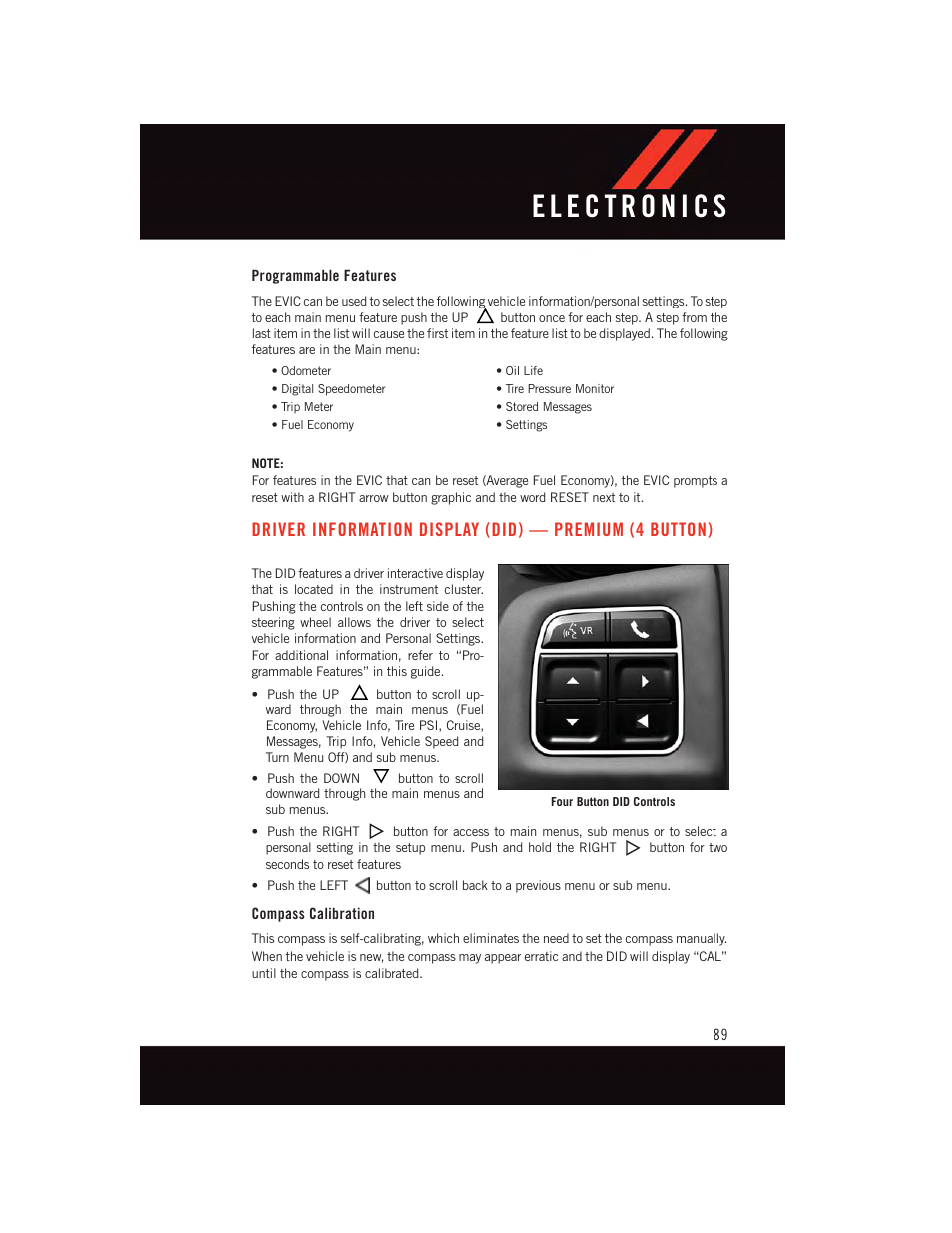 Programmable features, Compass calibration, Driver information display (did) | Premium (4 button) | Dodge 2015 Dart - User Guide User Manual | Page 91 / 164