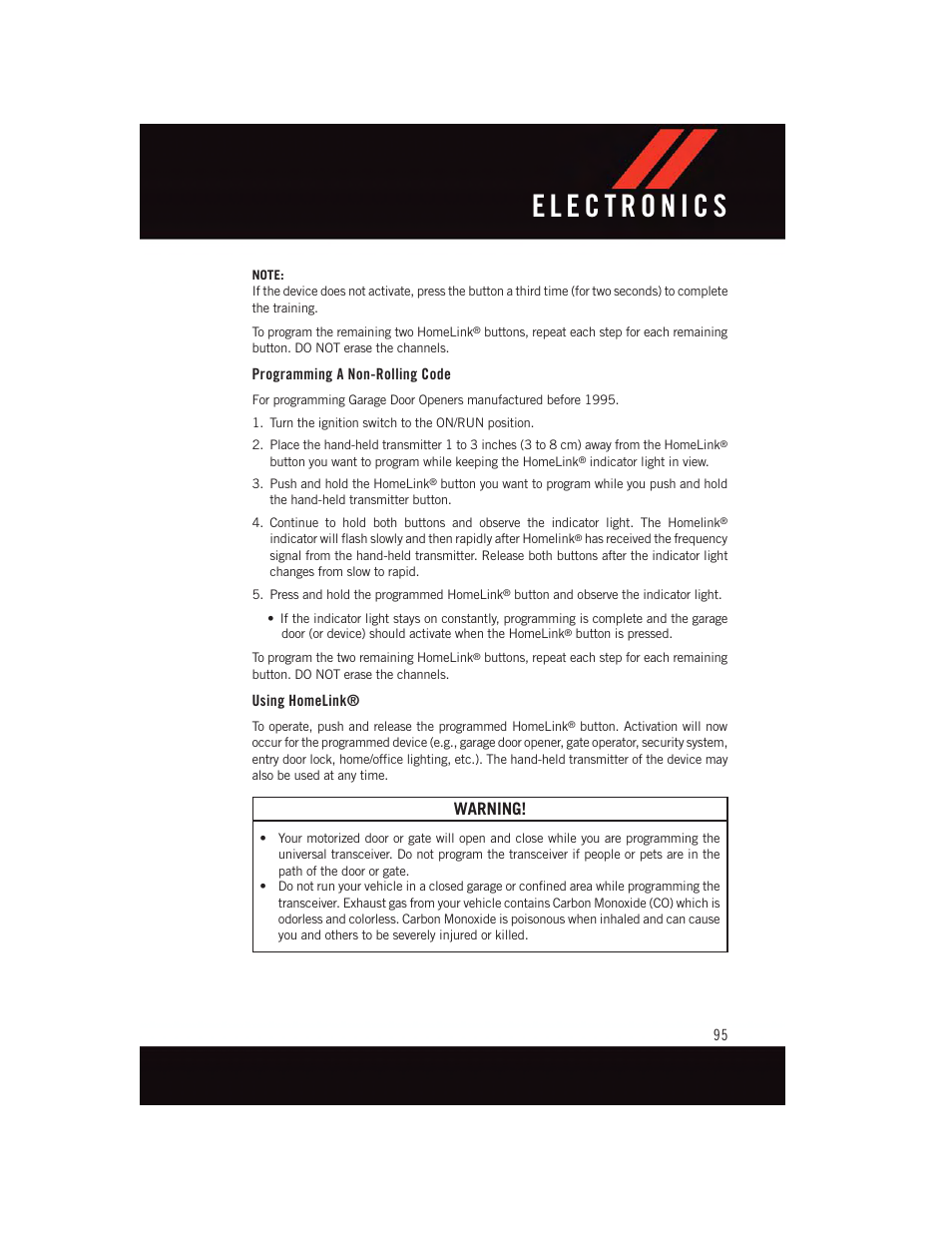 Programming a non-rolling code, Using homelink, Warning | Dodge 2015 Dart - User Guide User Manual | Page 97 / 164