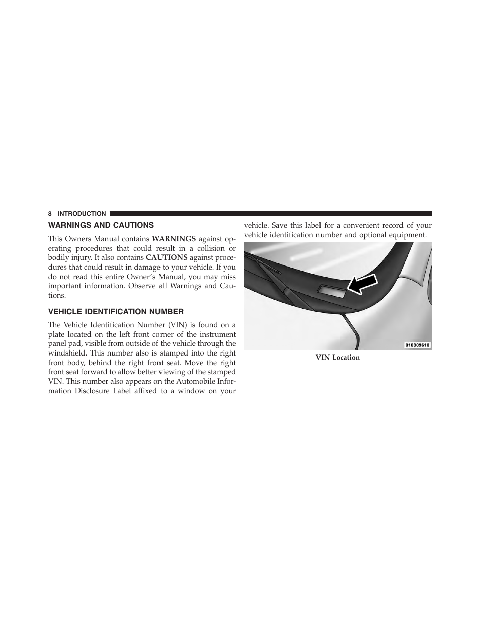Warnings and cautions, Vehicle identification number | Dodge 2015 Durango - Owner Manual User Manual | Page 10 / 689