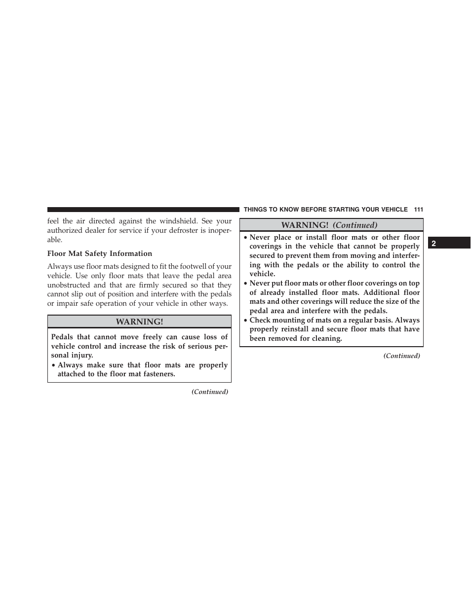 Floor mat safety information | Dodge 2015 Durango - Owner Manual User Manual | Page 113 / 689