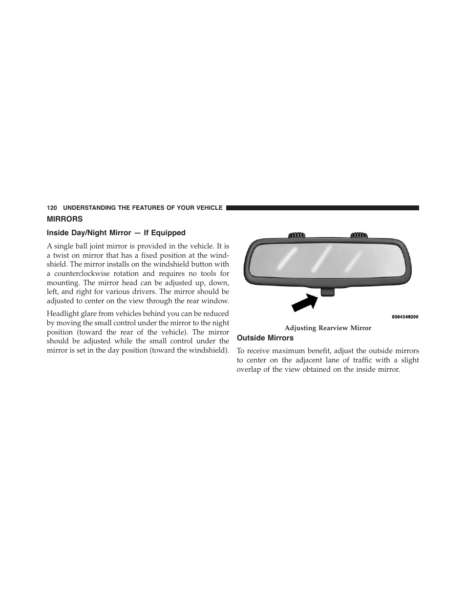 Mirrors, Inside day/night mirror — if equipped, Outside mirrors | Dodge 2015 Durango - Owner Manual User Manual | Page 122 / 689