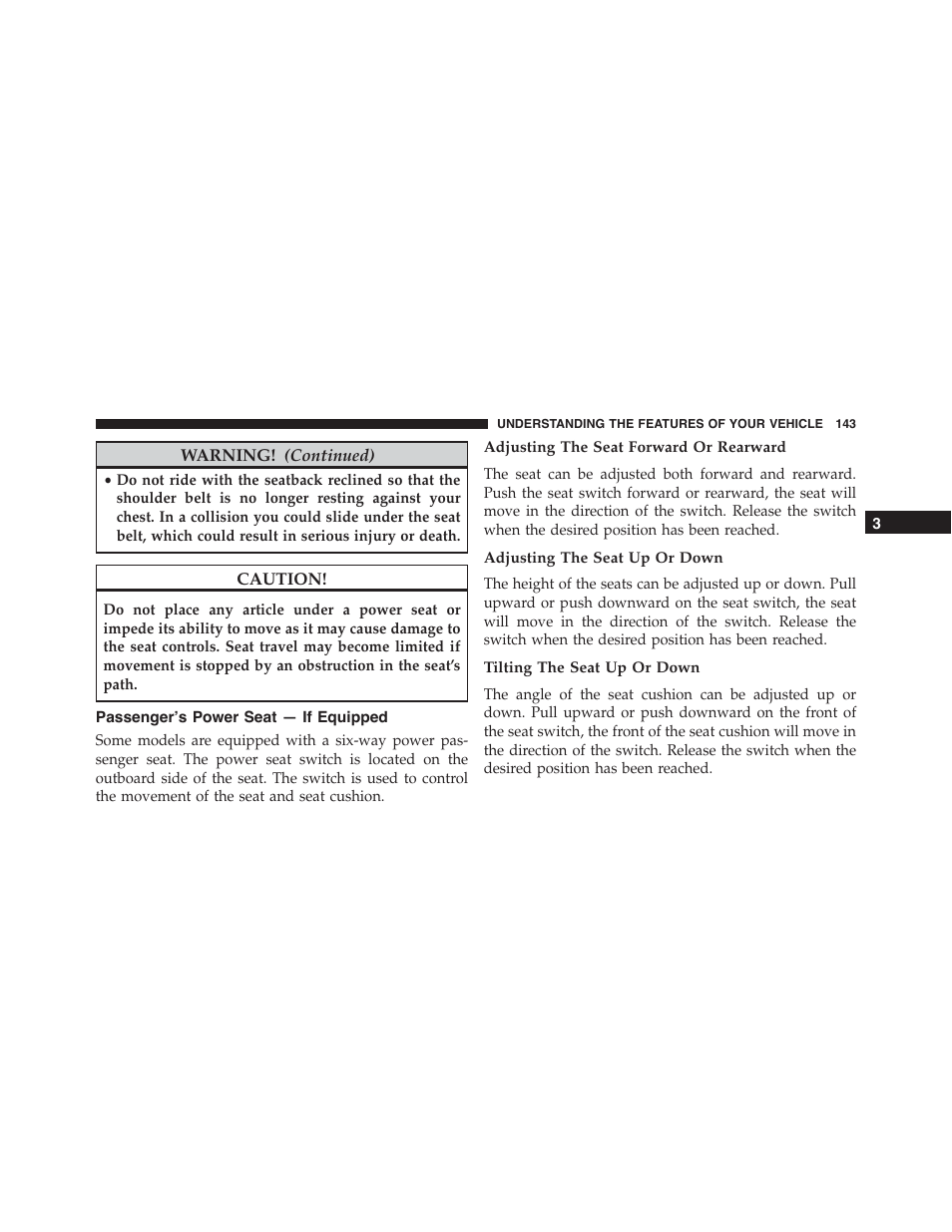 Passenger's power seat — if equipped, Adjusting the seat forward or rearward, Adjusting the seat up or down | Tilting the seat up or down, Passenger’s power seat — if equipped | Dodge 2015 Durango - Owner Manual User Manual | Page 145 / 689