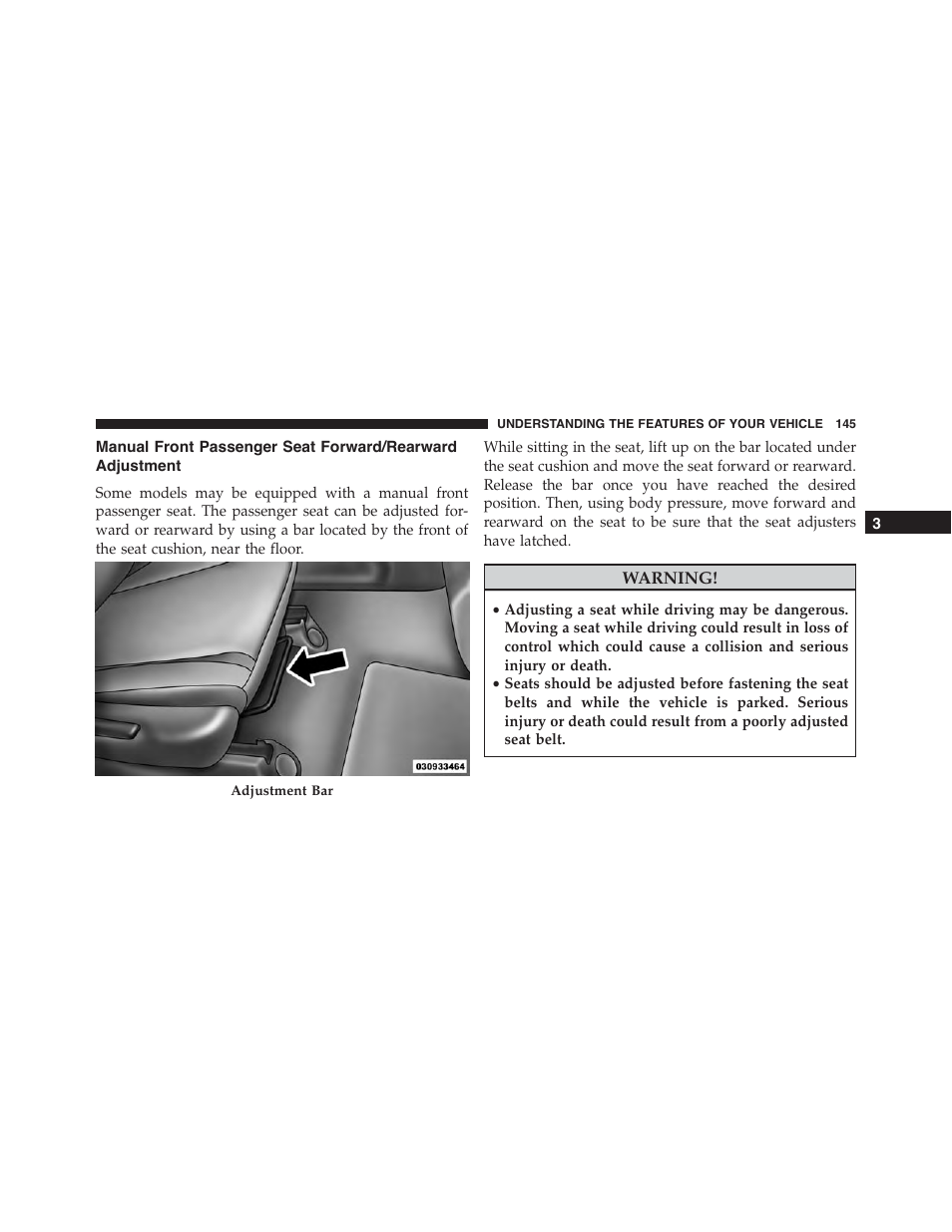 Manual front passenger seat forward/rearward, Adjustment | Dodge 2015 Durango - Owner Manual User Manual | Page 147 / 689