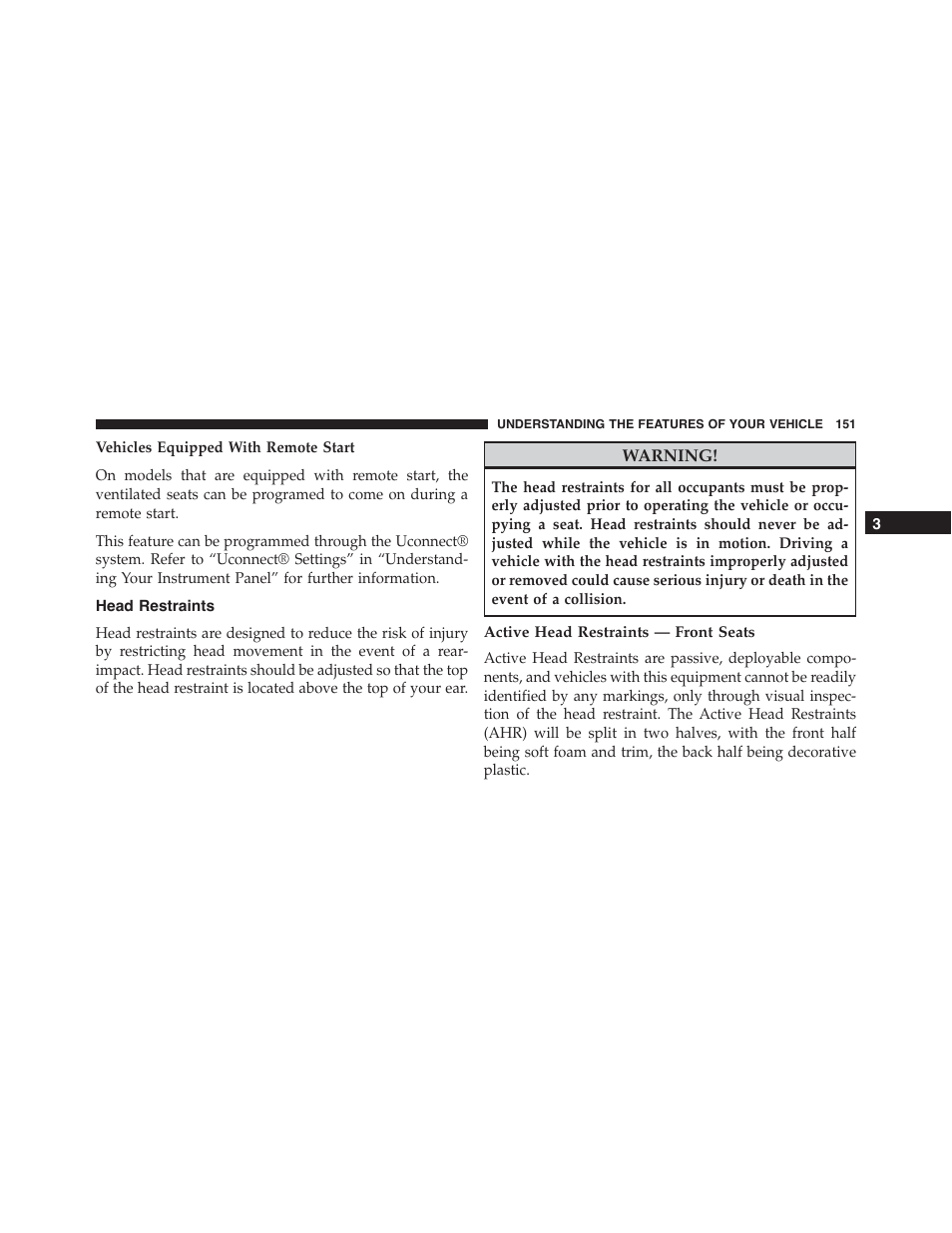 Head restraints, Active head restraints — front seats | Dodge 2015 Durango - Owner Manual User Manual | Page 153 / 689
