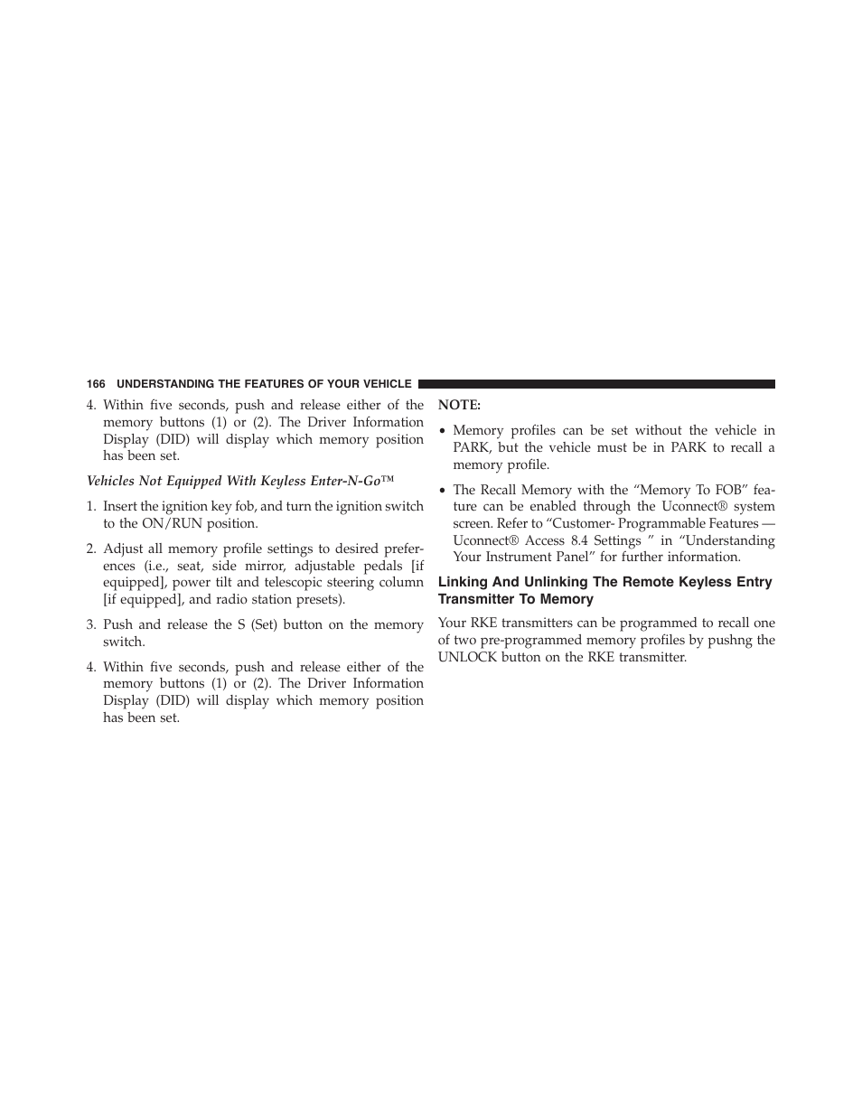 Linking and unlinking the remote keyless entry, Transmitter to memory | Dodge 2015 Durango - Owner Manual User Manual | Page 168 / 689