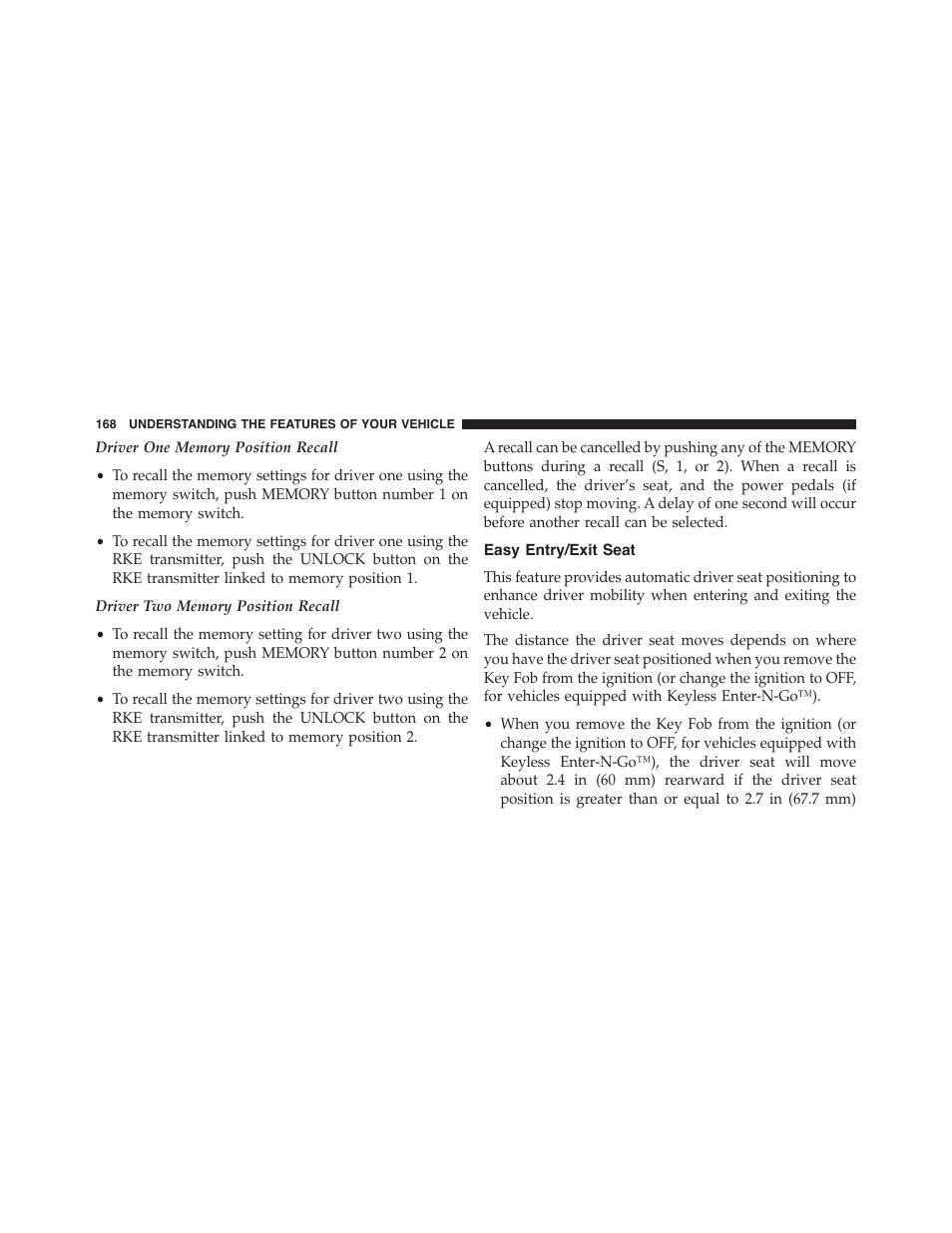Easy entry/exit seat | Dodge 2015 Durango - Owner Manual User Manual | Page 170 / 689