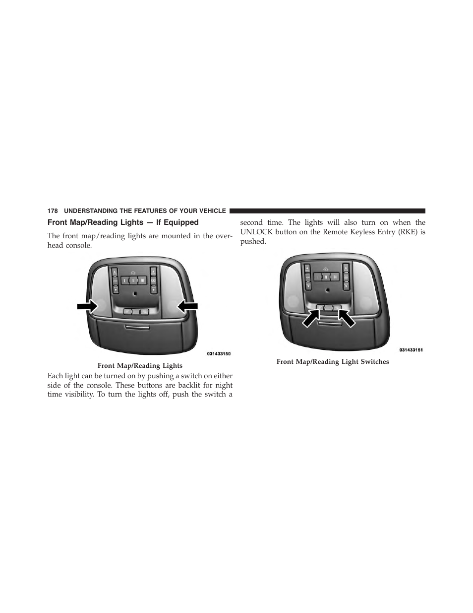 Front map/reading lights — if equipped | Dodge 2015 Durango - Owner Manual User Manual | Page 180 / 689