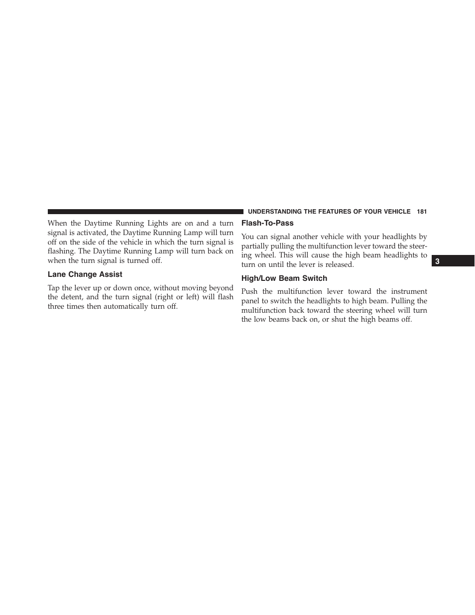 Lane change assist, Flash-to-pass, High/low beam switch | Dodge 2015 Durango - Owner Manual User Manual | Page 183 / 689