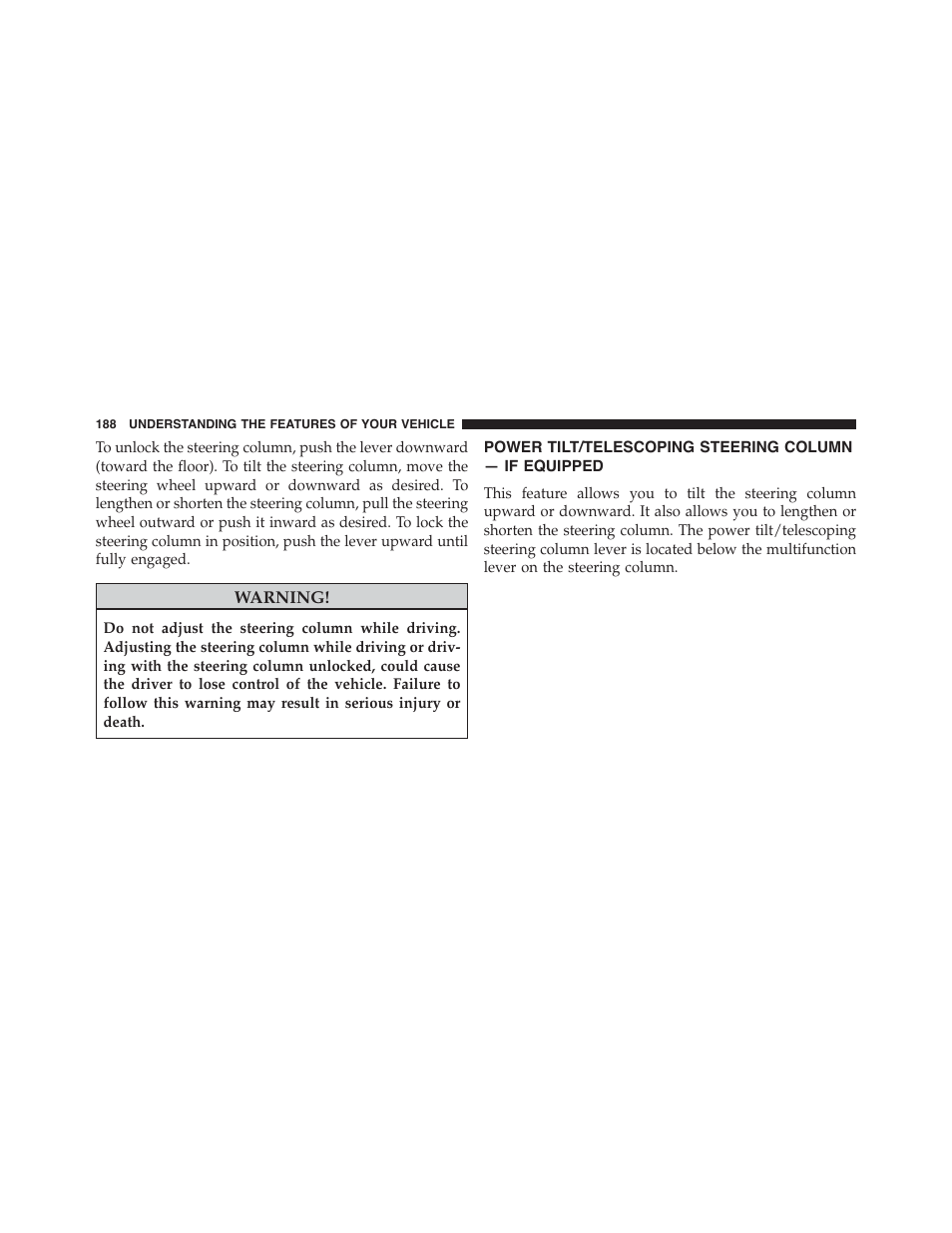 Power tilt/telescoping steering, Column — if equipped | Dodge 2015 Durango - Owner Manual User Manual | Page 190 / 689