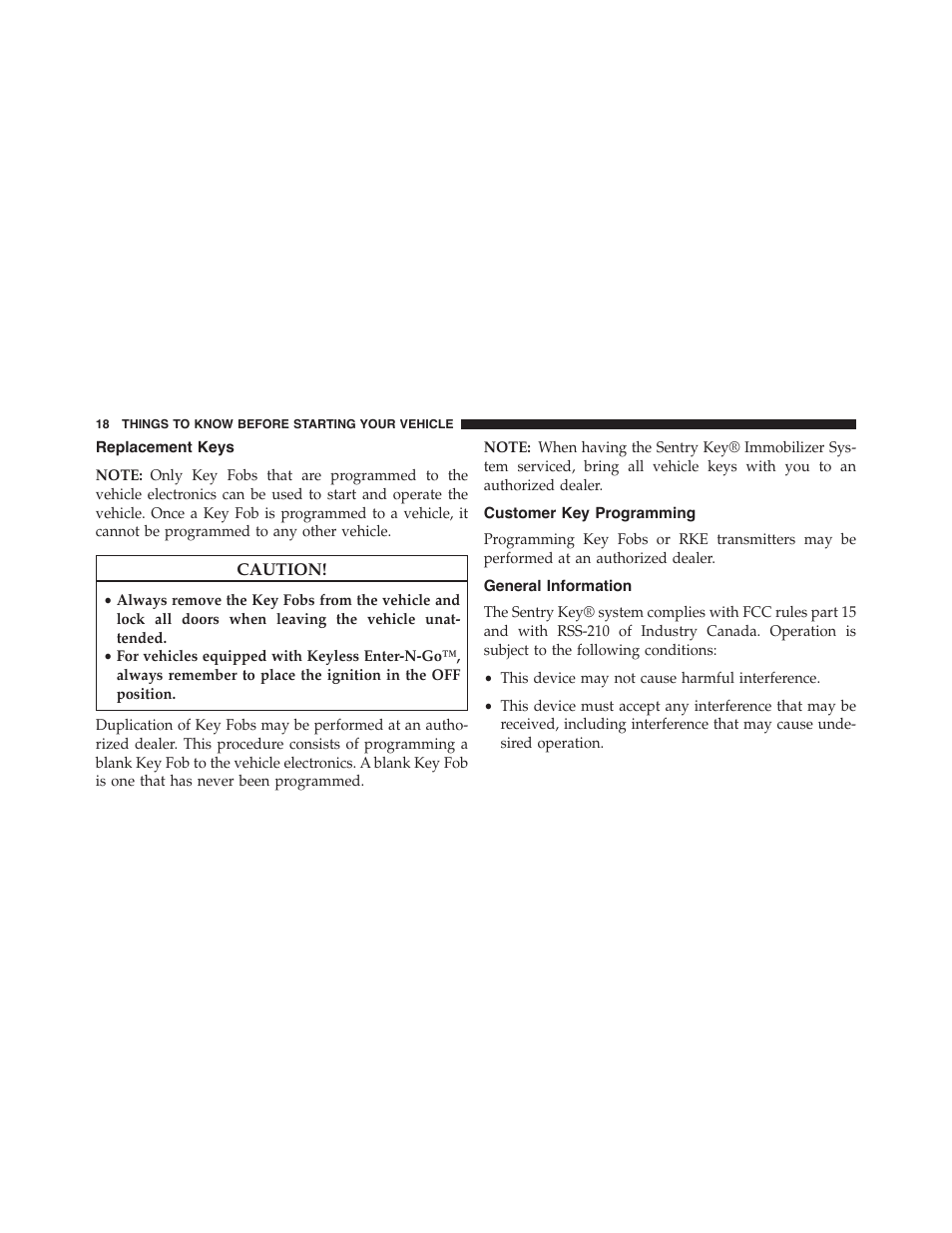 Replacement keys, Customer key programming, General information | Dodge 2015 Durango - Owner Manual User Manual | Page 20 / 689