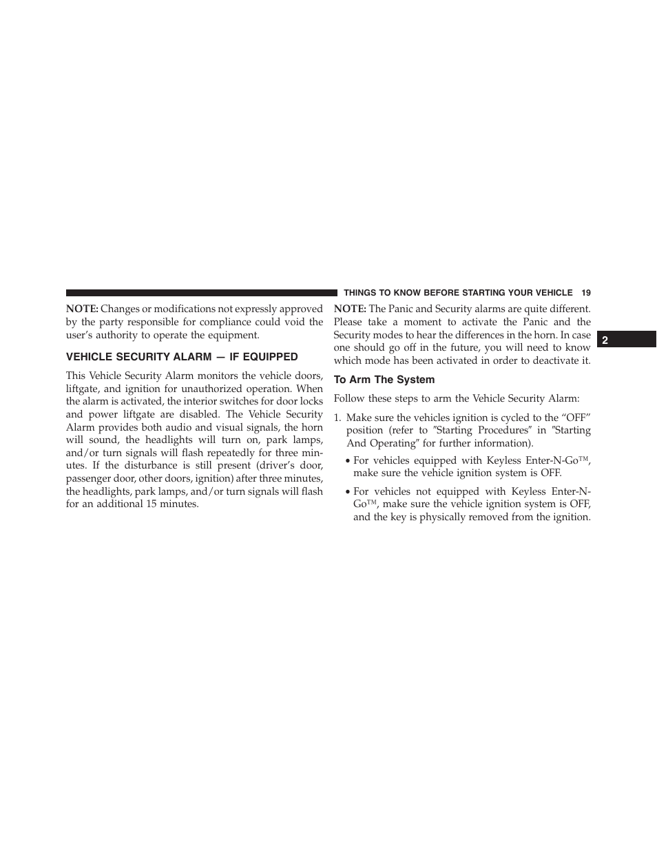 Vehicle security alarm — if equipped, To arm the system | Dodge 2015 Durango - Owner Manual User Manual | Page 21 / 689