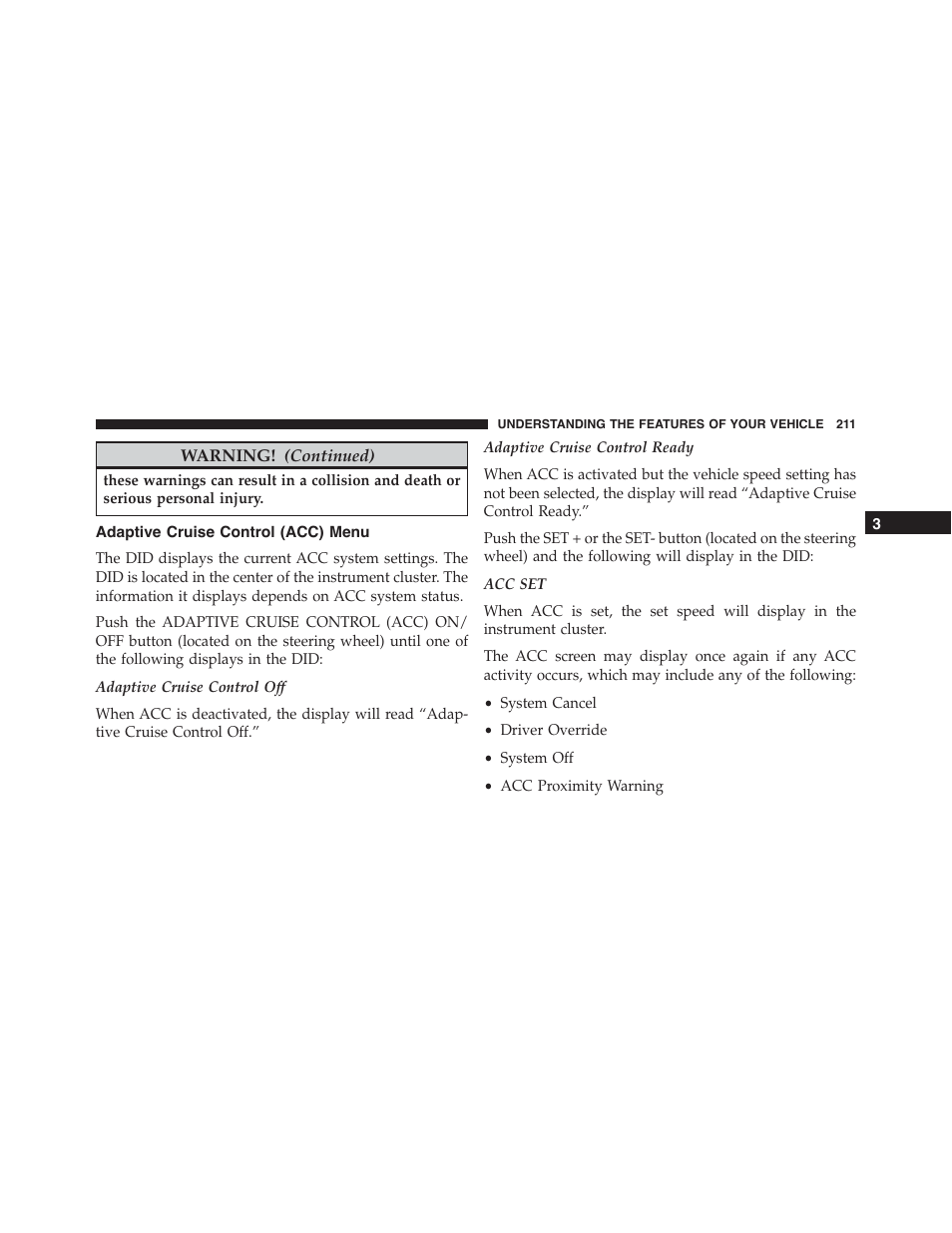 Adaptive cruise control (acc) menu | Dodge 2015 Durango - Owner Manual User Manual | Page 213 / 689