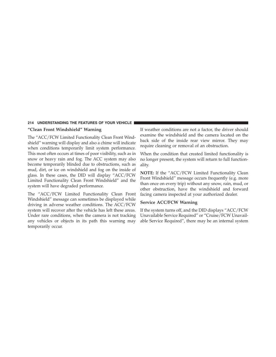 Clean front windshield” warning, Service acc/fcw warning | Dodge 2015 Durango - Owner Manual User Manual | Page 216 / 689