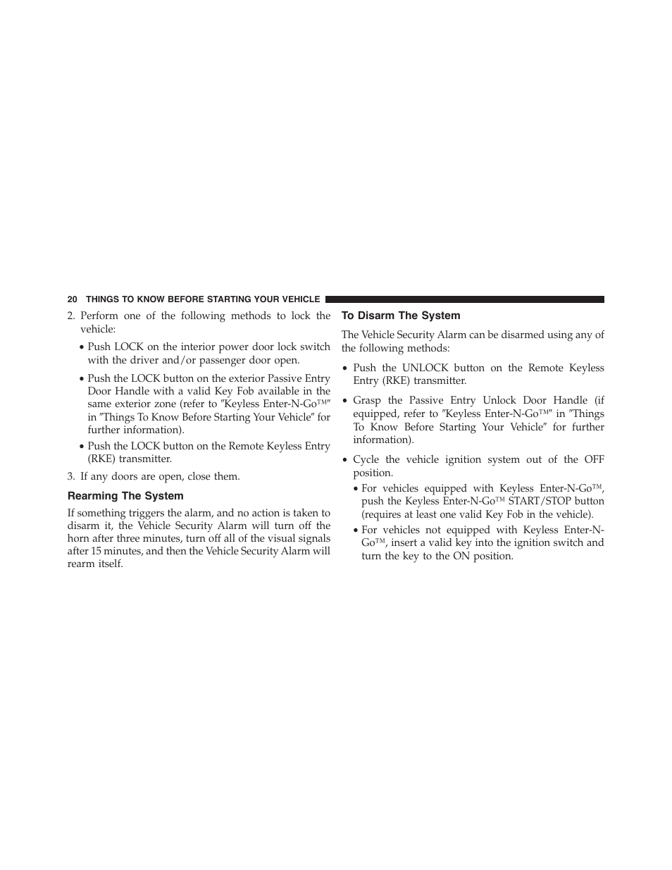 Rearming the system, To disarm the system | Dodge 2015 Durango - Owner Manual User Manual | Page 22 / 689