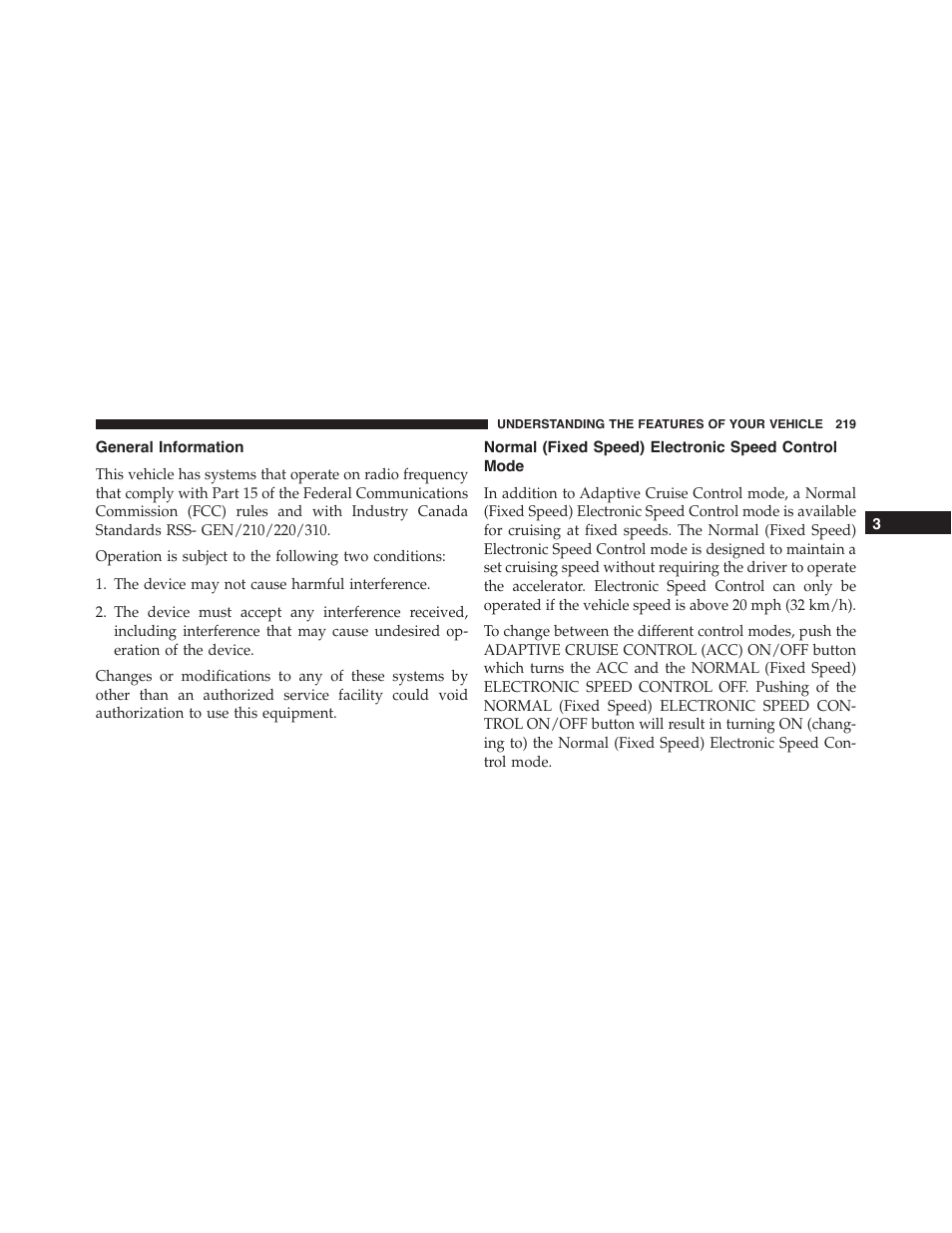 General information, Normal (fixed speed) electronic speed control mode, Normal (fixed speed) electronic speed control | Mode | Dodge 2015 Durango - Owner Manual User Manual | Page 221 / 689