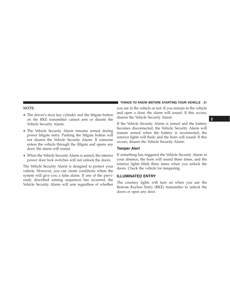 Tamper alert, Illuminated entry | Dodge 2015 Durango - Owner Manual User Manual | Page 23 / 689