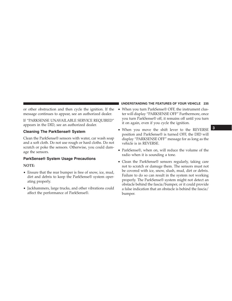 Cleaning the parksense® system, Parksense® system usage precautions | Dodge 2015 Durango - Owner Manual User Manual | Page 237 / 689