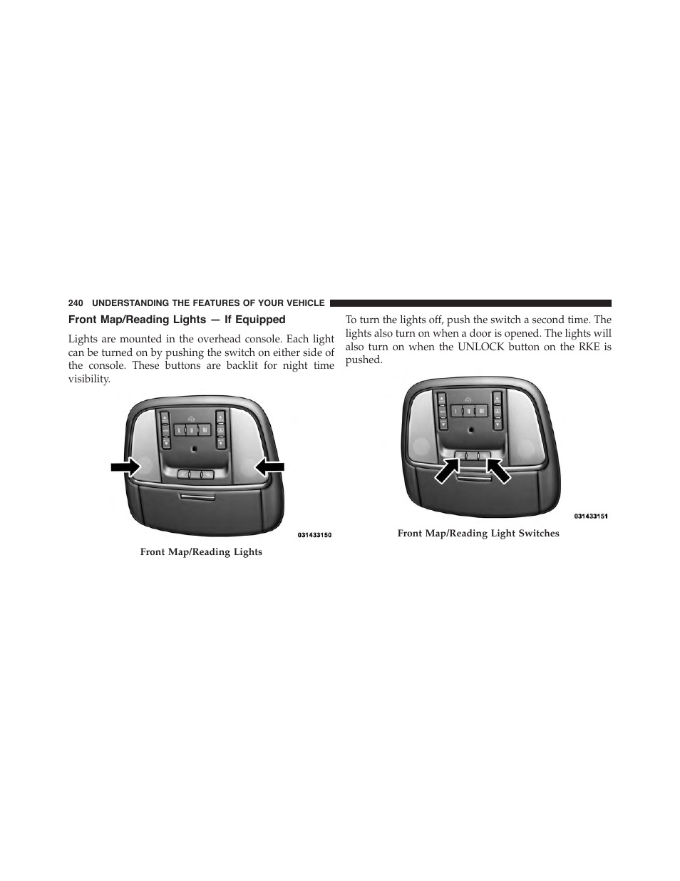 Front map/reading lights — if equipped | Dodge 2015 Durango - Owner Manual User Manual | Page 242 / 689