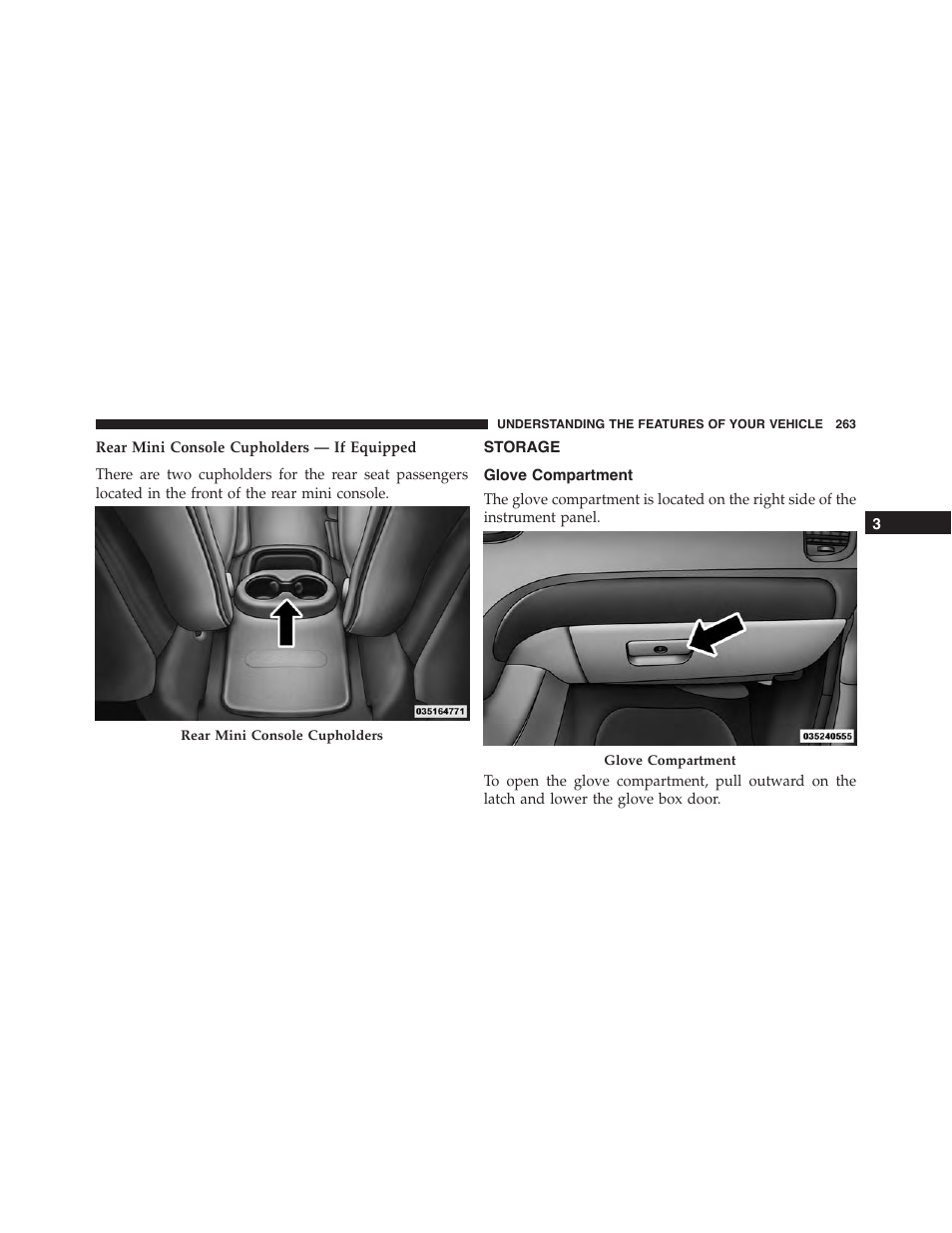 Storage, Glove compartment | Dodge 2015 Durango - Owner Manual User Manual | Page 265 / 689