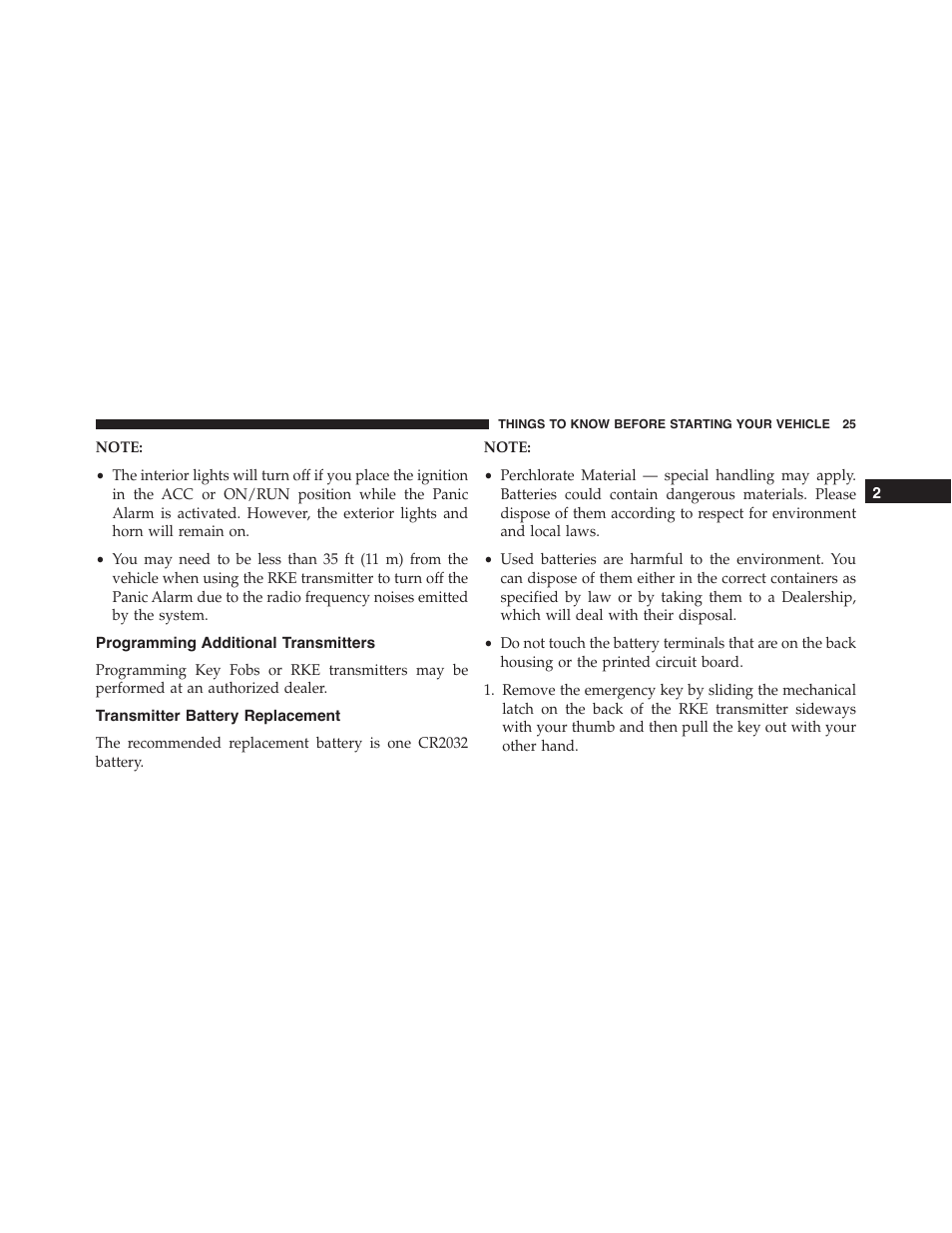 Programming additional transmitters, Transmitter battery replacement | Dodge 2015 Durango - Owner Manual User Manual | Page 27 / 689