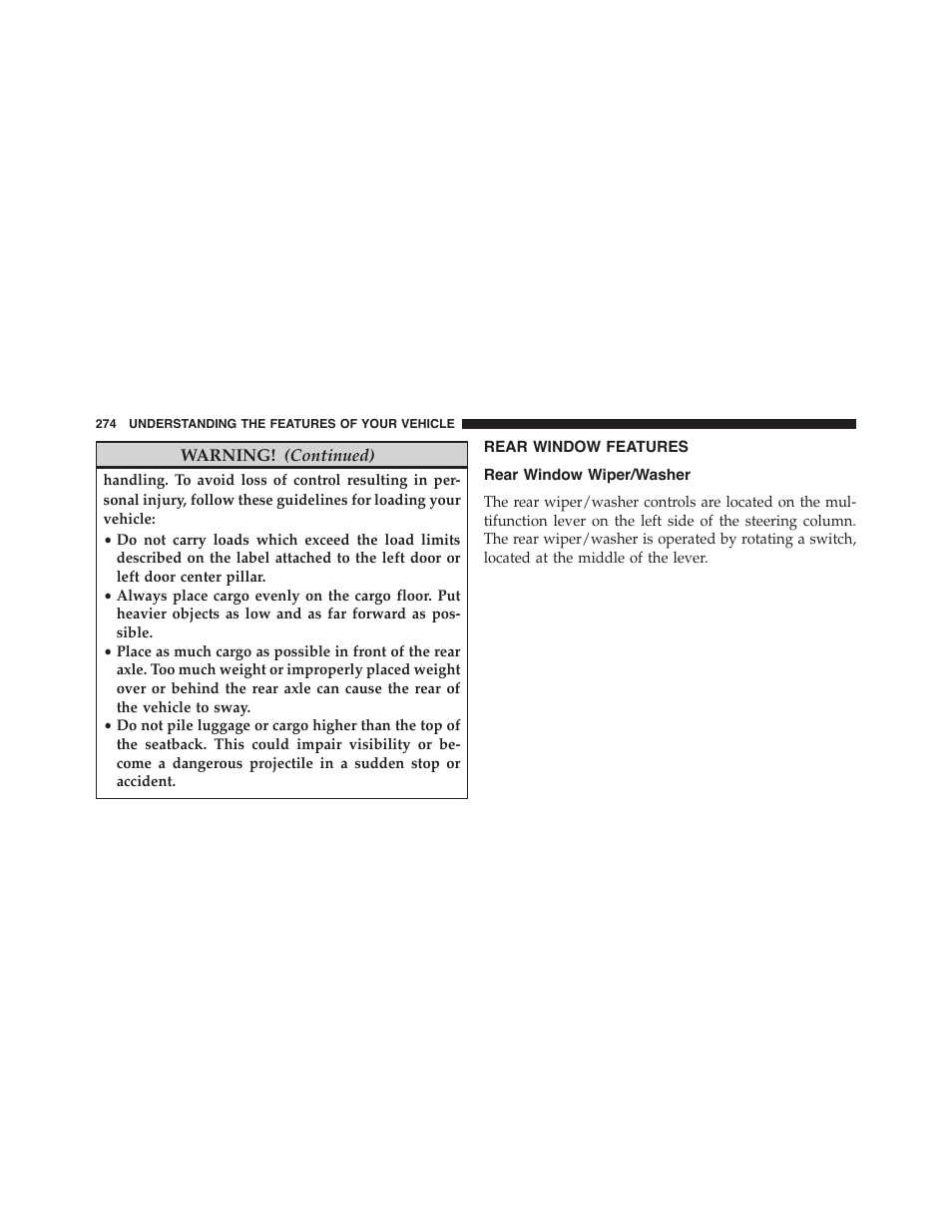 Rear window features, Rear window wiper/washer | Dodge 2015 Durango - Owner Manual User Manual | Page 276 / 689