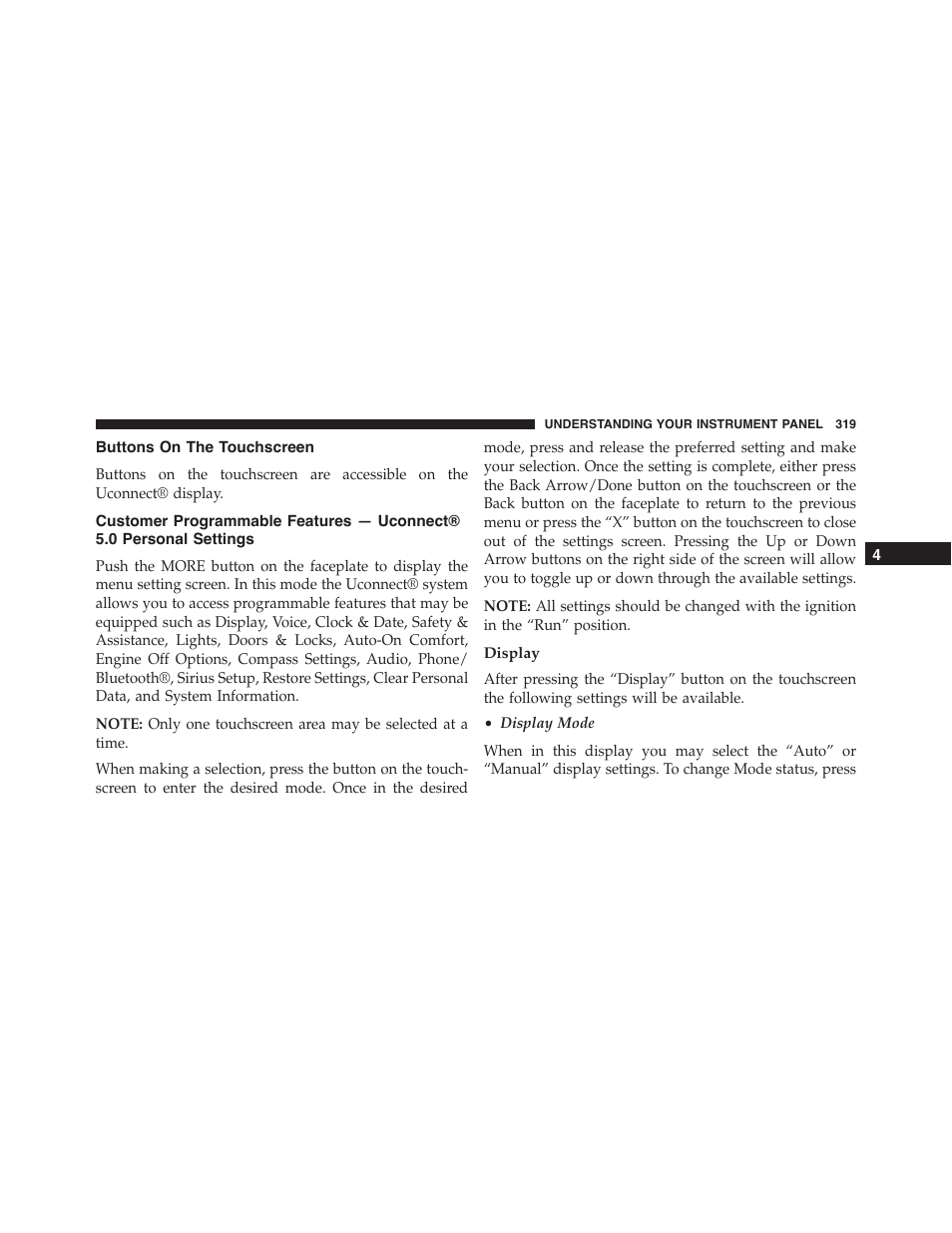 Buttons on the touchscreen, Display, Customer programmable features | Uconnect® 5.0 personal settings | Dodge 2015 Durango - Owner Manual User Manual | Page 321 / 689