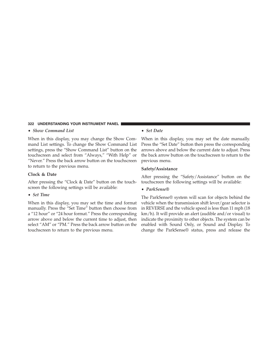 Clock & date, Safety/assistance | Dodge 2015 Durango - Owner Manual User Manual | Page 324 / 689