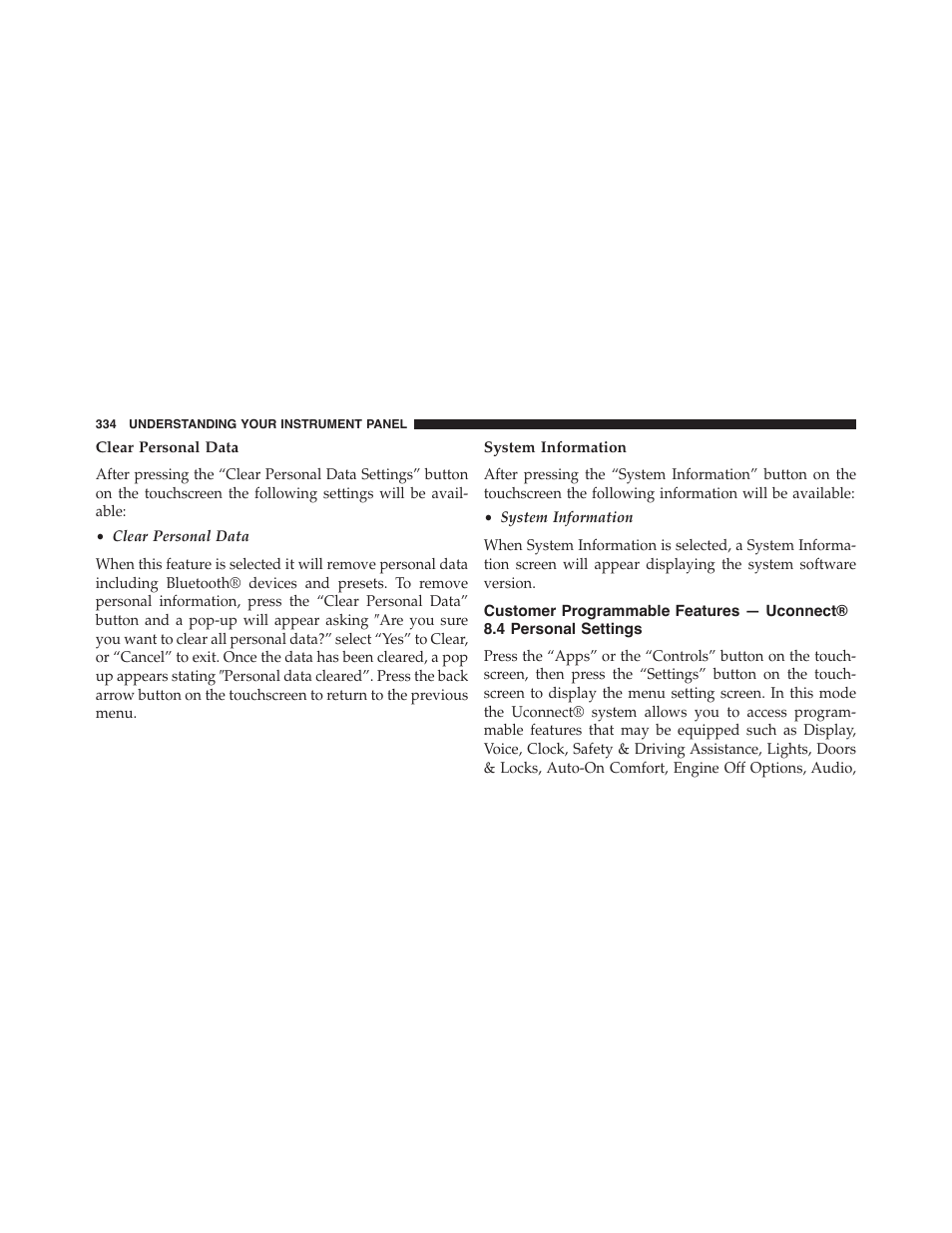 Clear personal data, System information, Customer programmable features | Uconnect® 8.4 personal settings | Dodge 2015 Durango - Owner Manual User Manual | Page 336 / 689