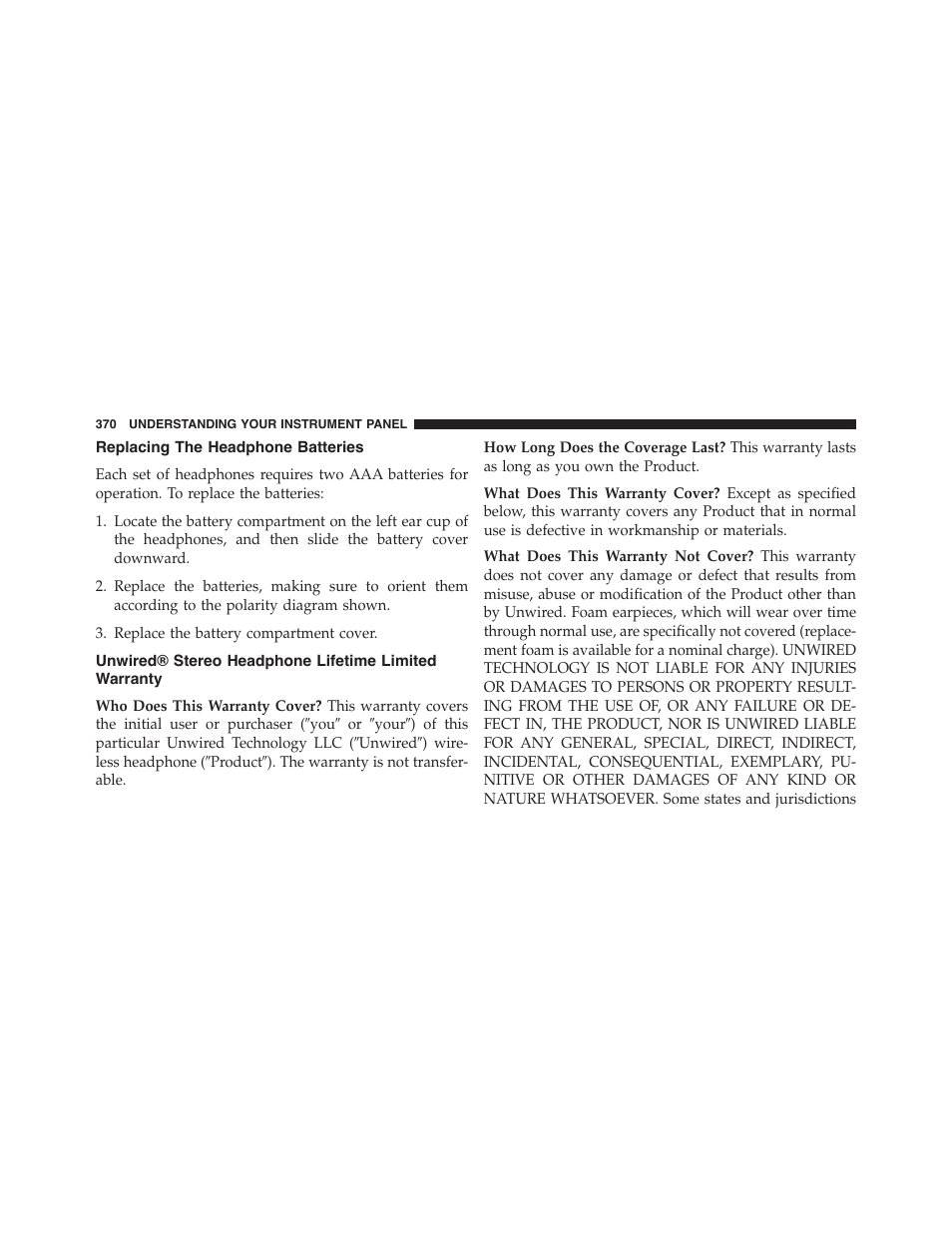 Replacing the headphone batteries, Unwired® stereo headphone lifetime limited, Warranty | Dodge 2015 Durango - Owner Manual User Manual | Page 372 / 689