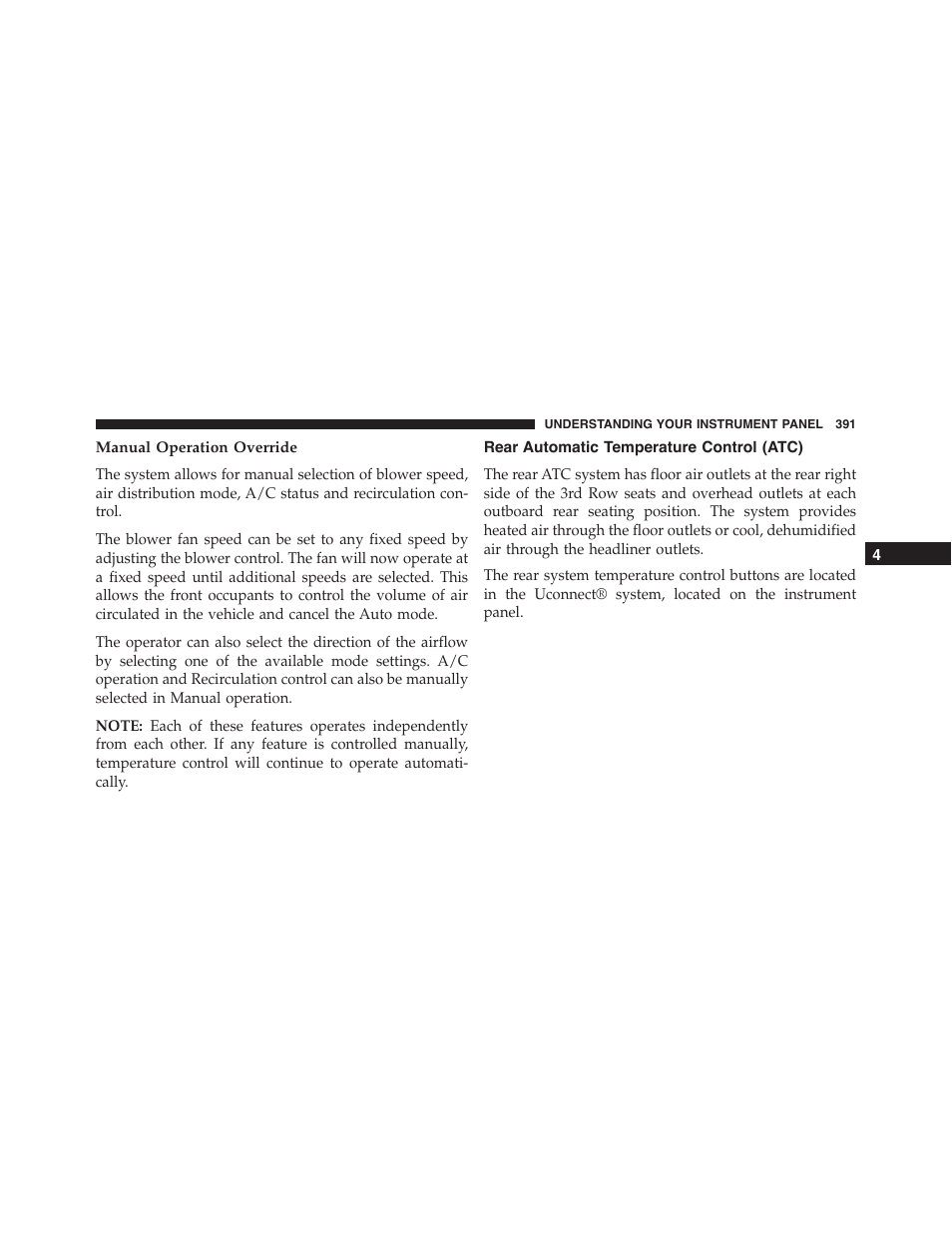 Manual operation override, Rear automatic temperature control (atc) | Dodge 2015 Durango - Owner Manual User Manual | Page 393 / 689