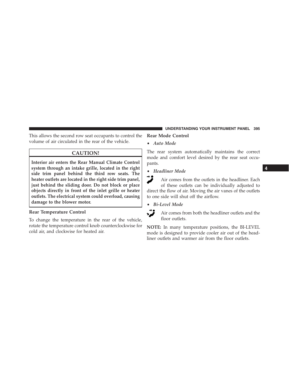 Rear temperature control, Rear mode control | Dodge 2015 Durango - Owner Manual User Manual | Page 397 / 689
