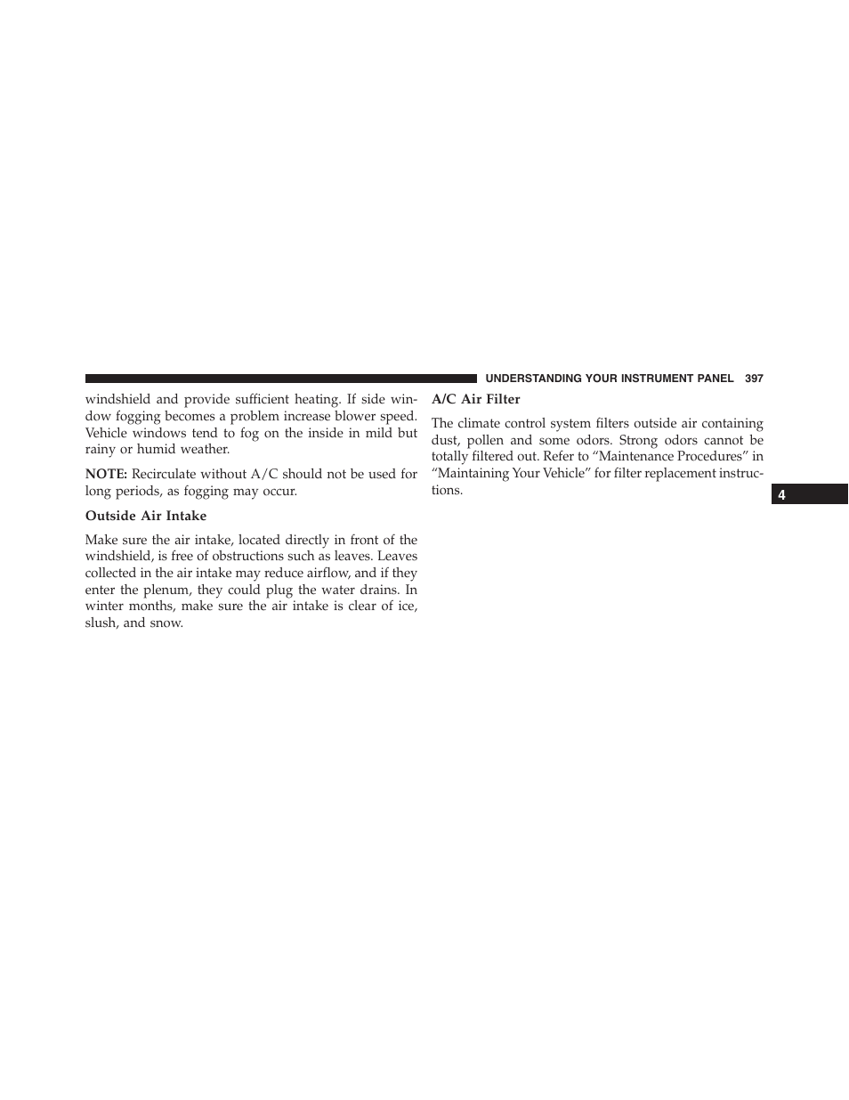 Outside air intake, A/c air filter | Dodge 2015 Durango - Owner Manual User Manual | Page 399 / 689