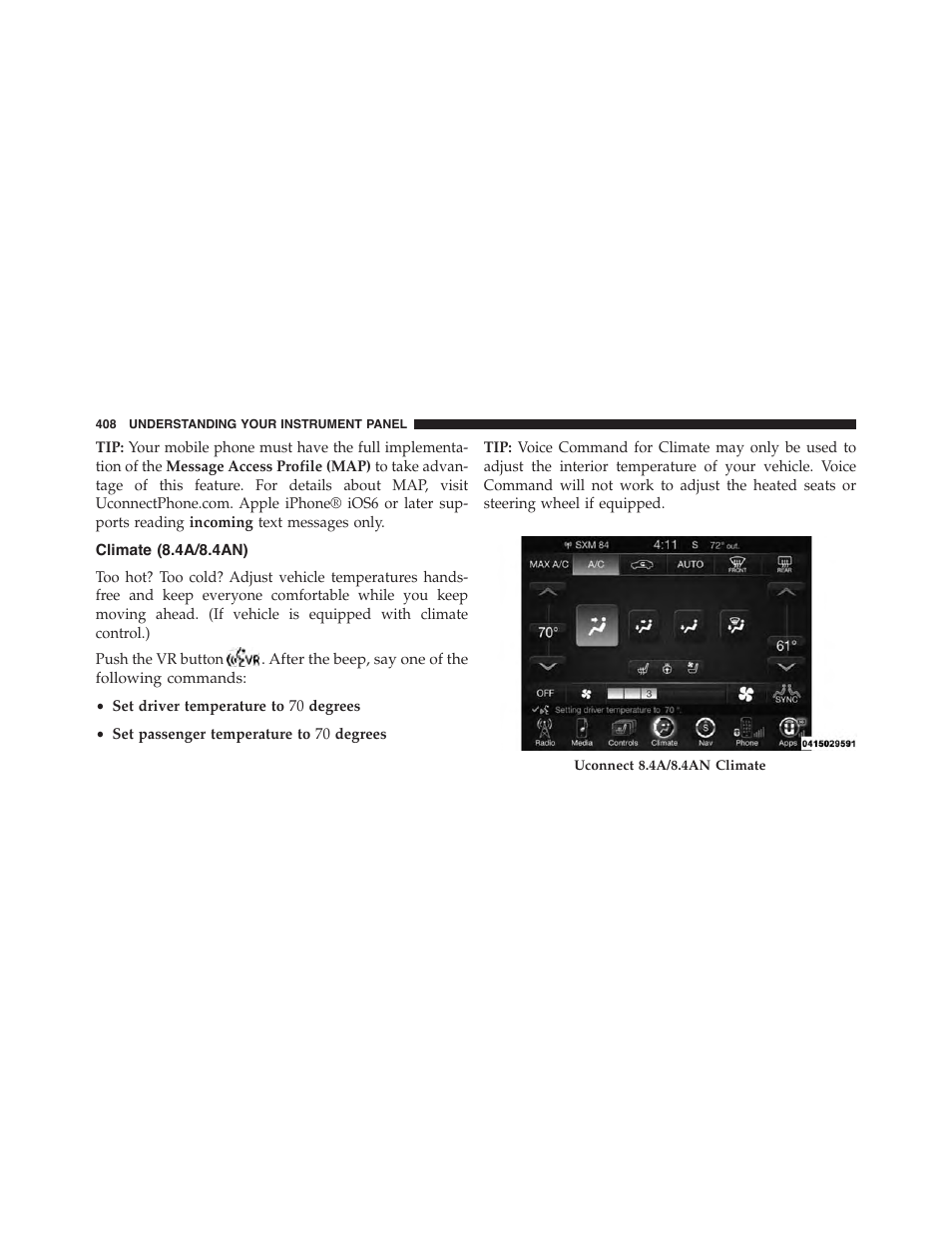 Climate (8.4a/8.4an) | Dodge 2015 Durango - Owner Manual User Manual | Page 410 / 689