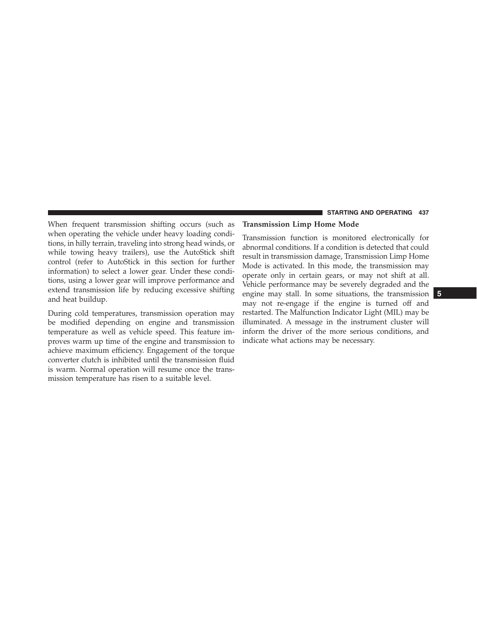 Transmission limp home mode | Dodge 2015 Durango - Owner Manual User Manual | Page 439 / 689