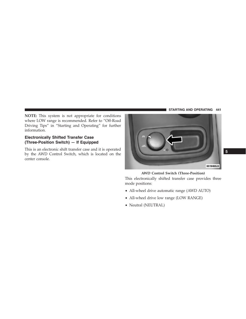 Electronically shifted transfer case (three, Position switch) — if equipped | Dodge 2015 Durango - Owner Manual User Manual | Page 443 / 689