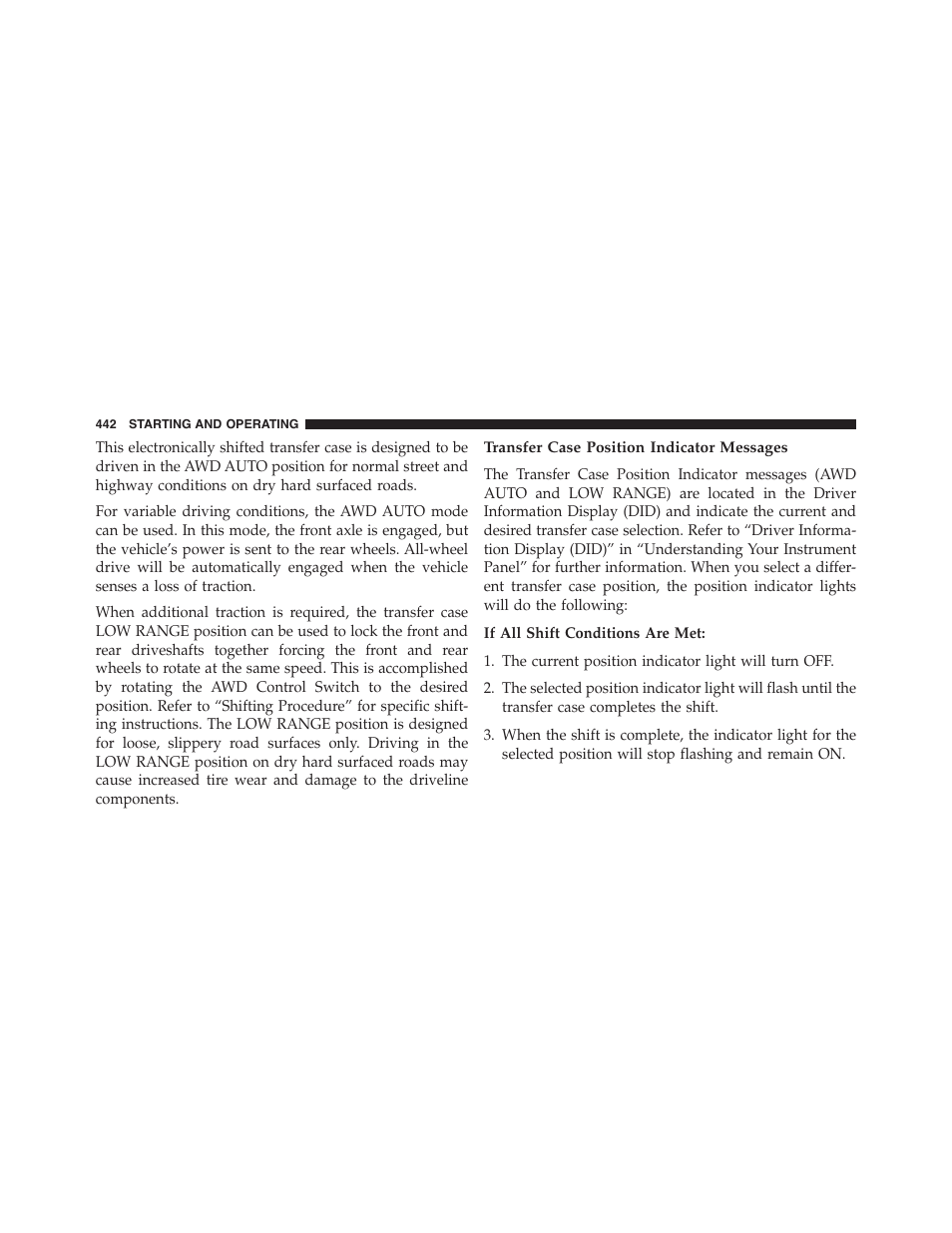 Transfer case position indicator messages | Dodge 2015 Durango - Owner Manual User Manual | Page 444 / 689