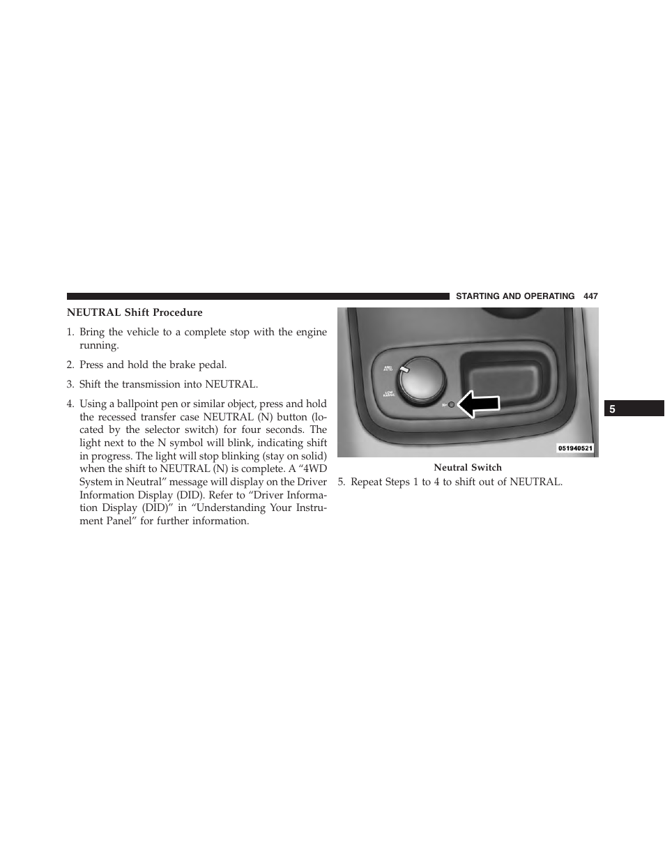 Neutral shift procedure | Dodge 2015 Durango - Owner Manual User Manual | Page 449 / 689